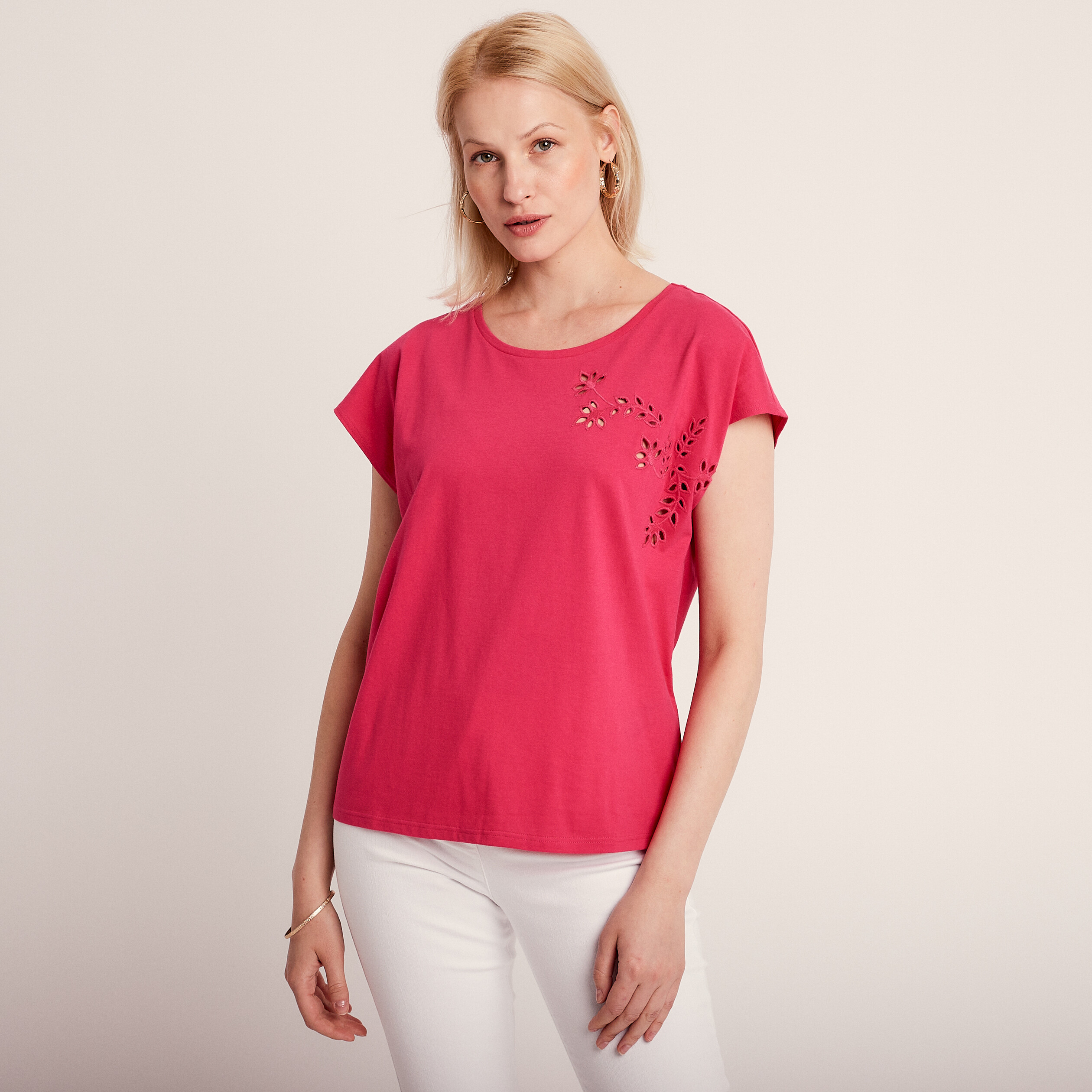T-shirt manches courtes brodé rose framboise femme