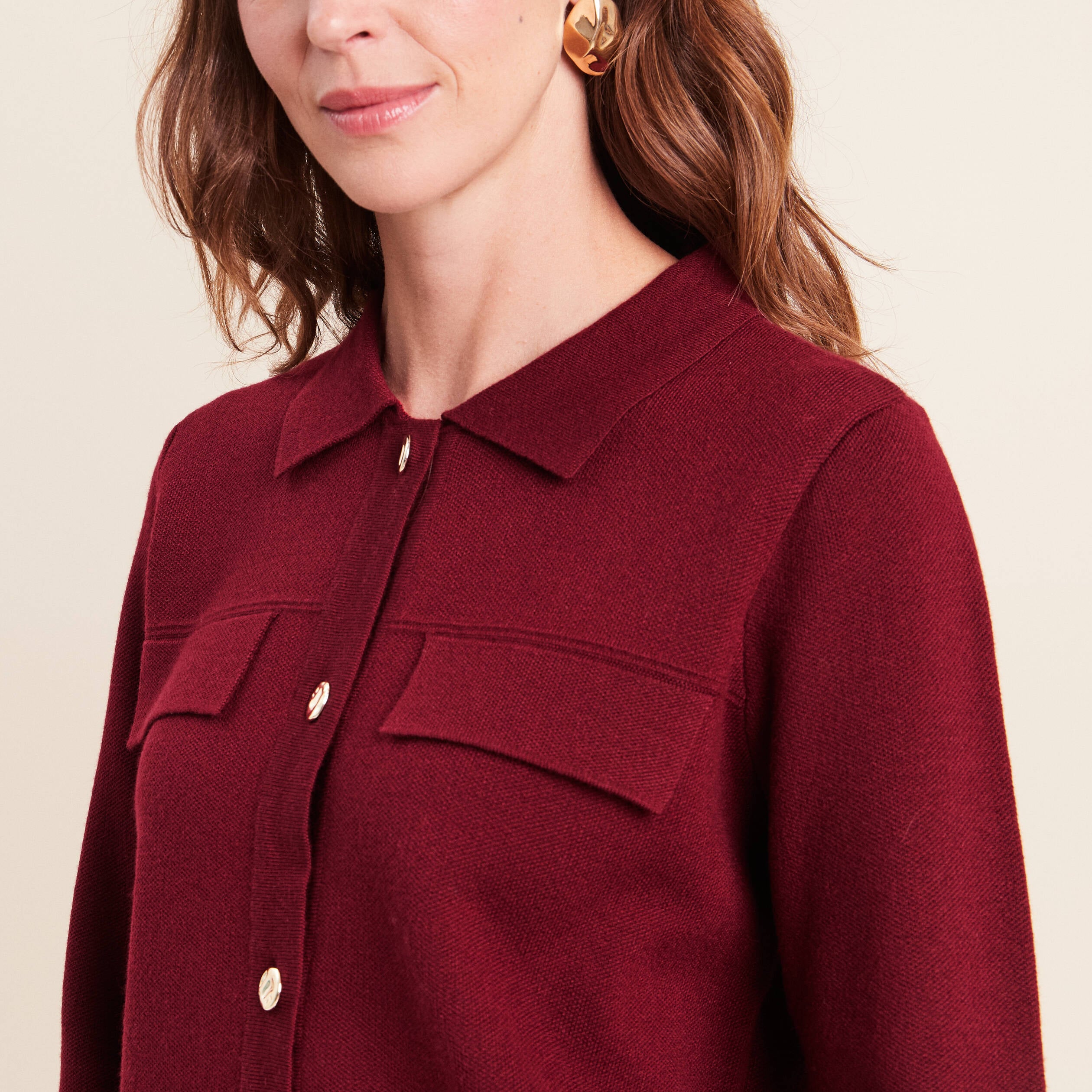 Gilet col chemise manches longues bordeaux femme