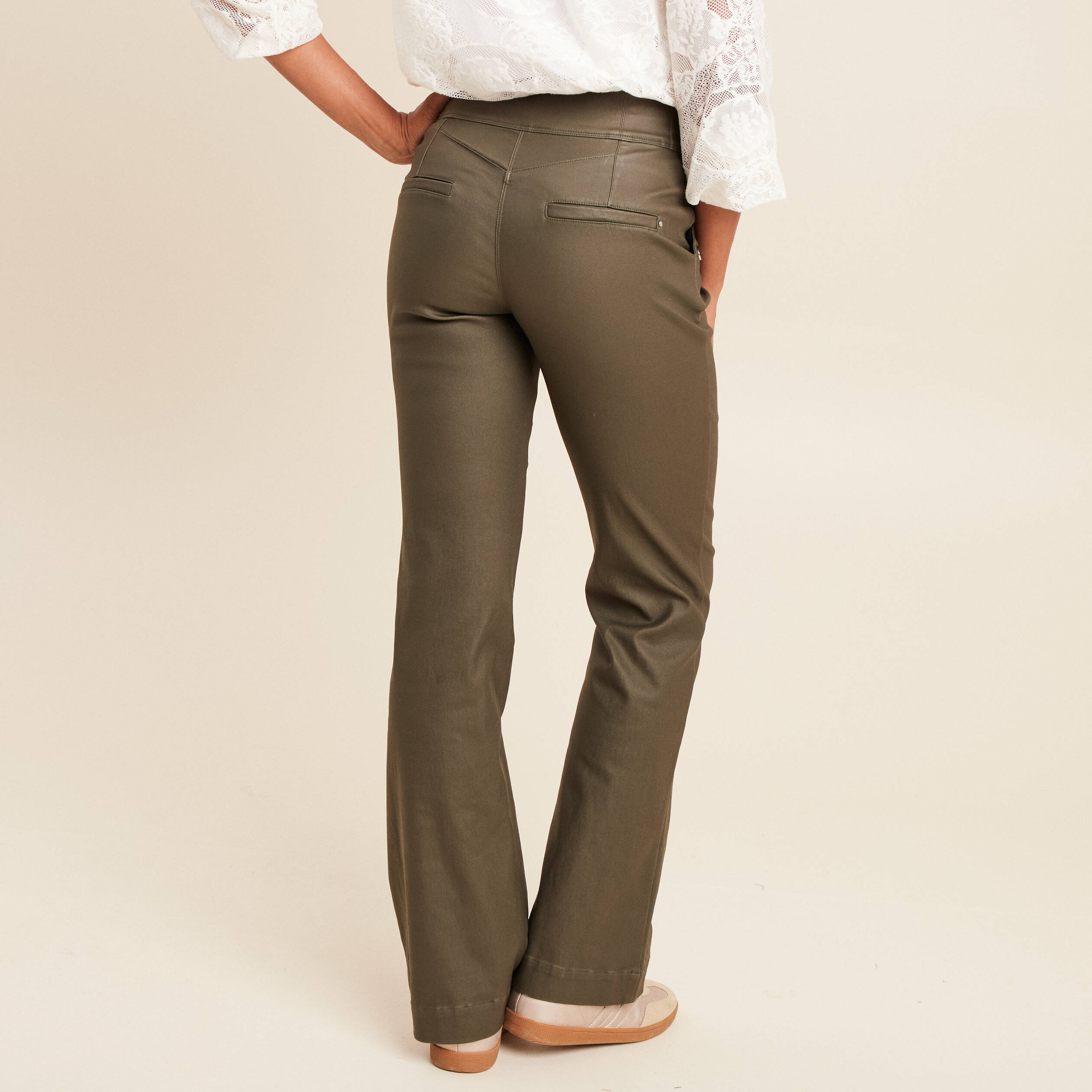 Pantalon bootcut enduit taille haute vert kaki femme