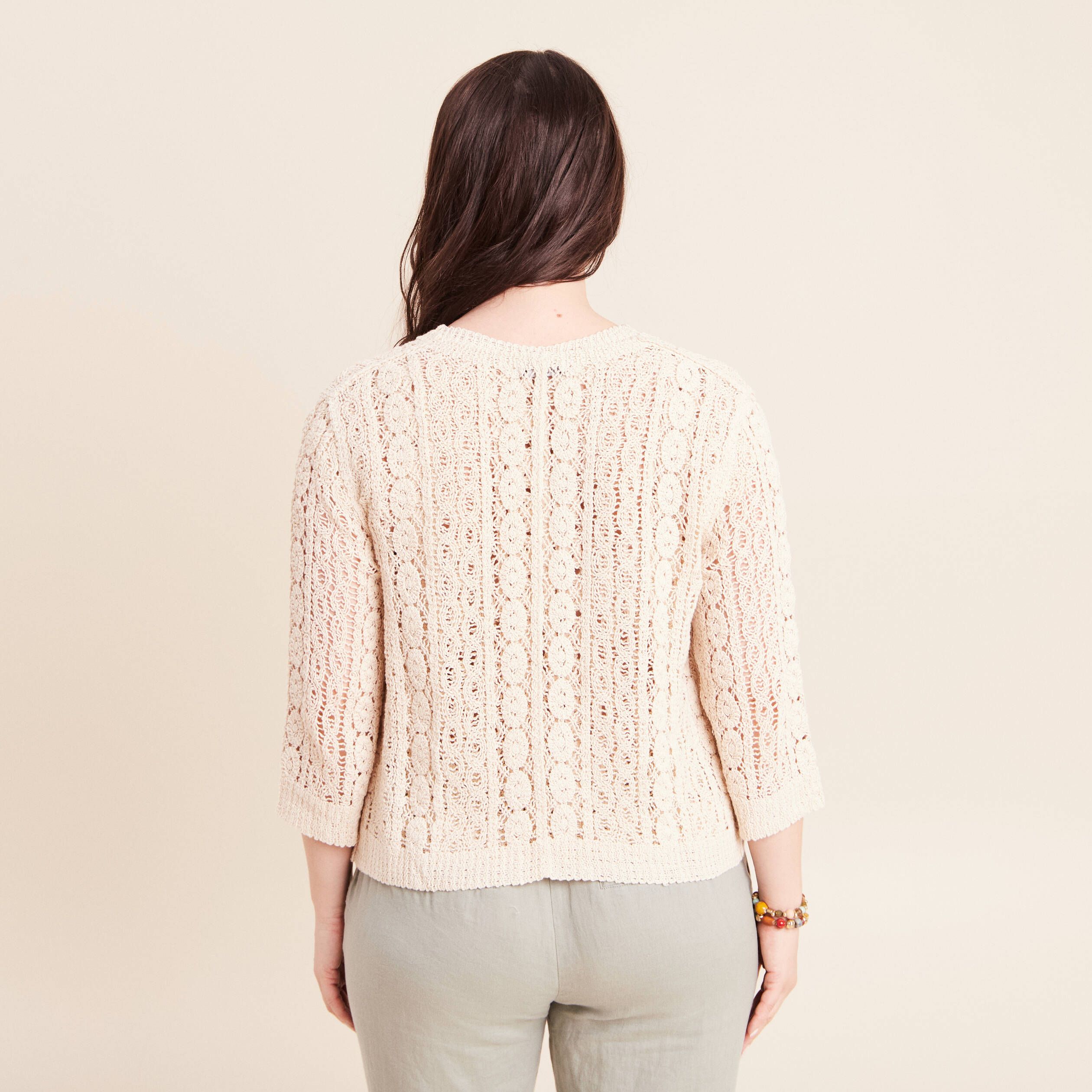 Gilet manches 3/4 ajour&eacute; ecru femme