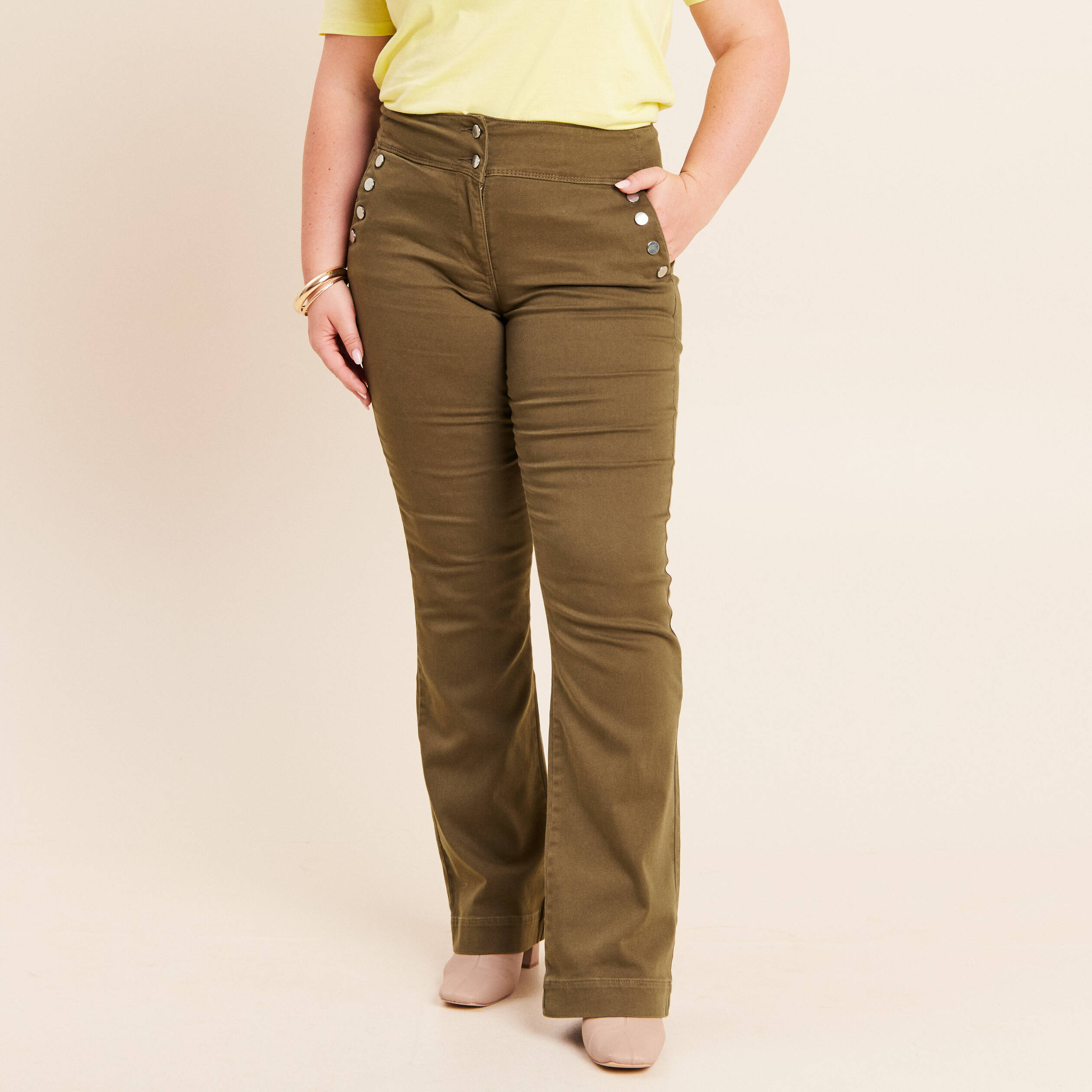 Pantalon coupe bootcut &agrave; pont vert kaki femme