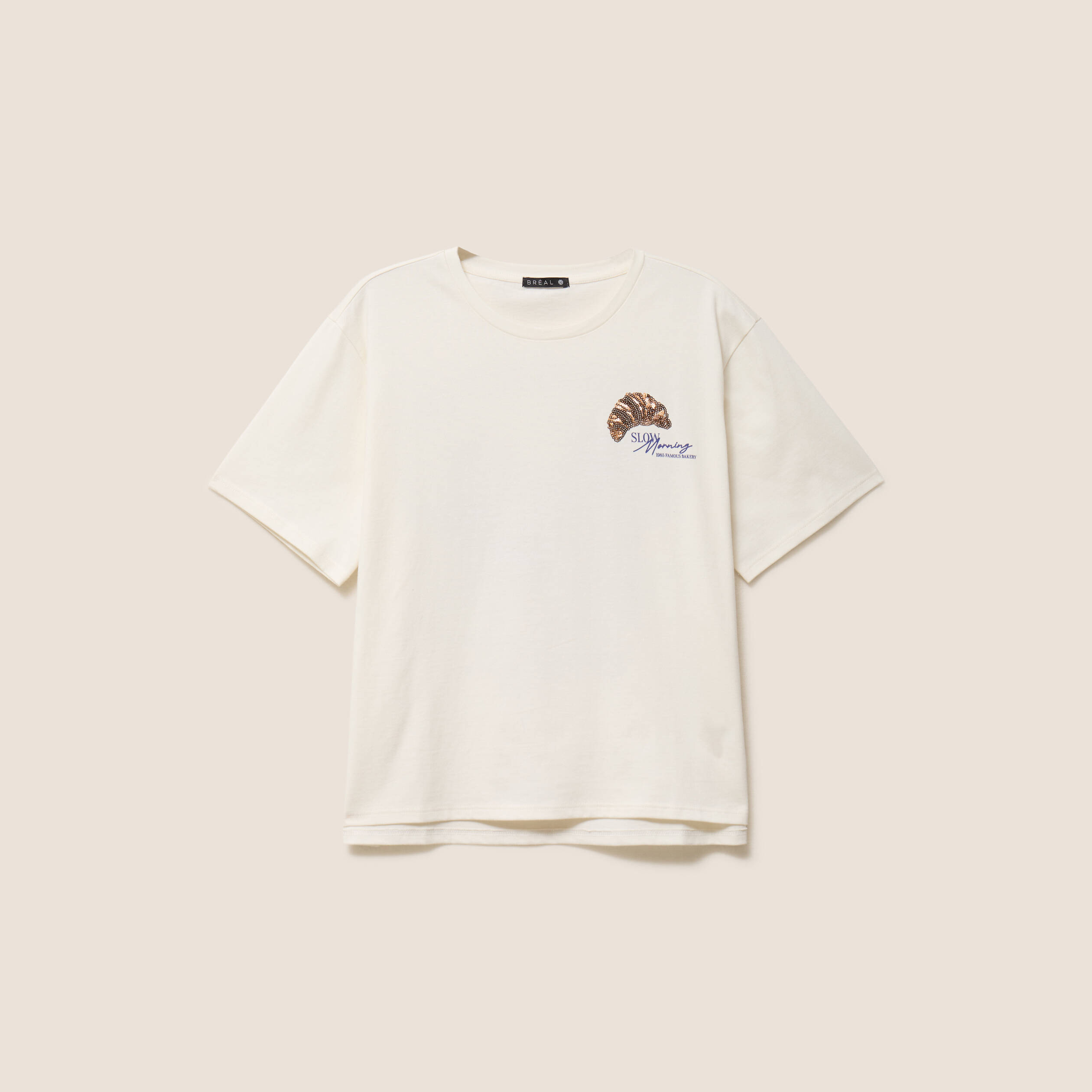 T-shirt avec print et broderie sequins ecru femme