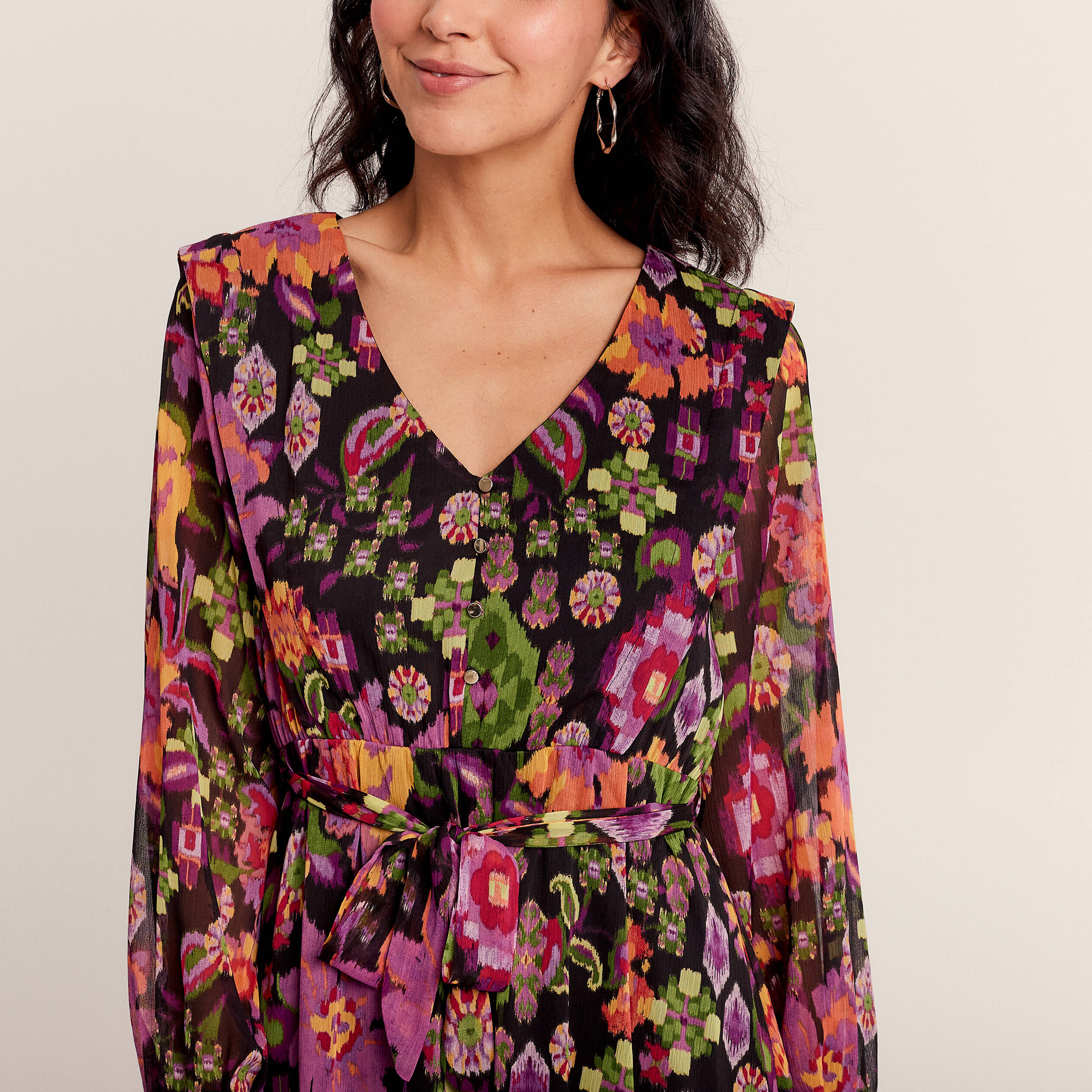 Robe longue évasée col en V noir femme