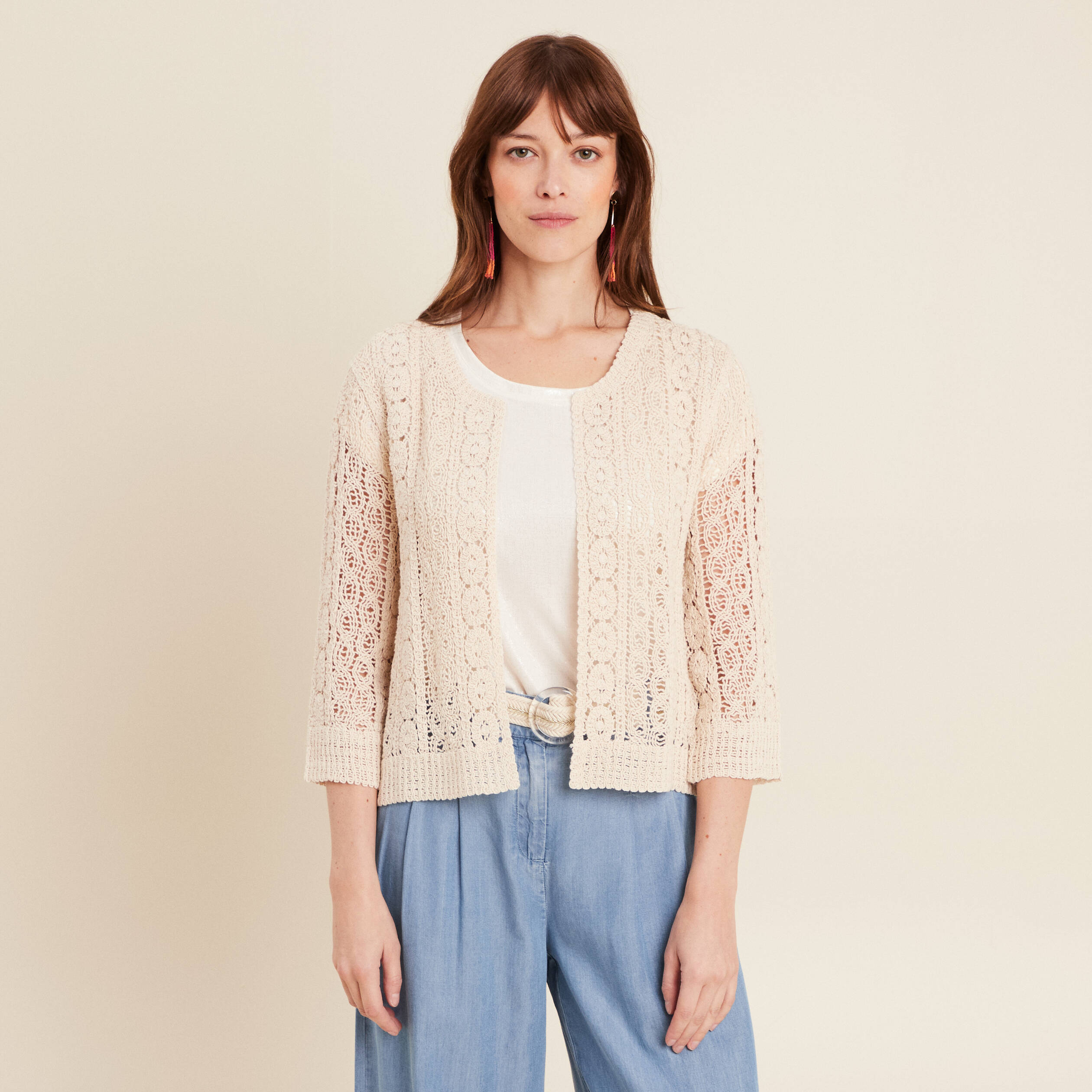 Gilet manches 3/4 ajour&eacute; ecru femme
