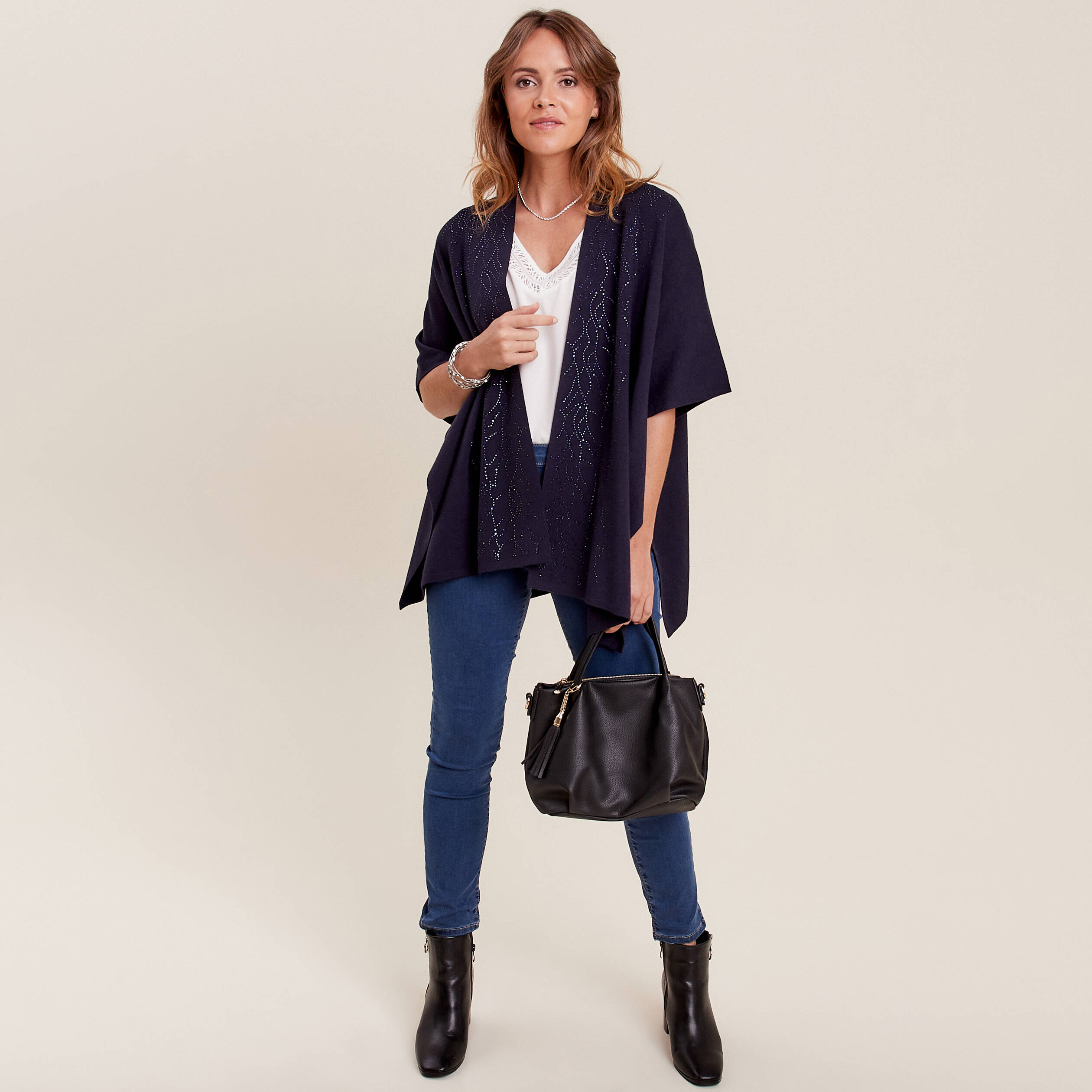 Poncho avec strass bleu foncé femme