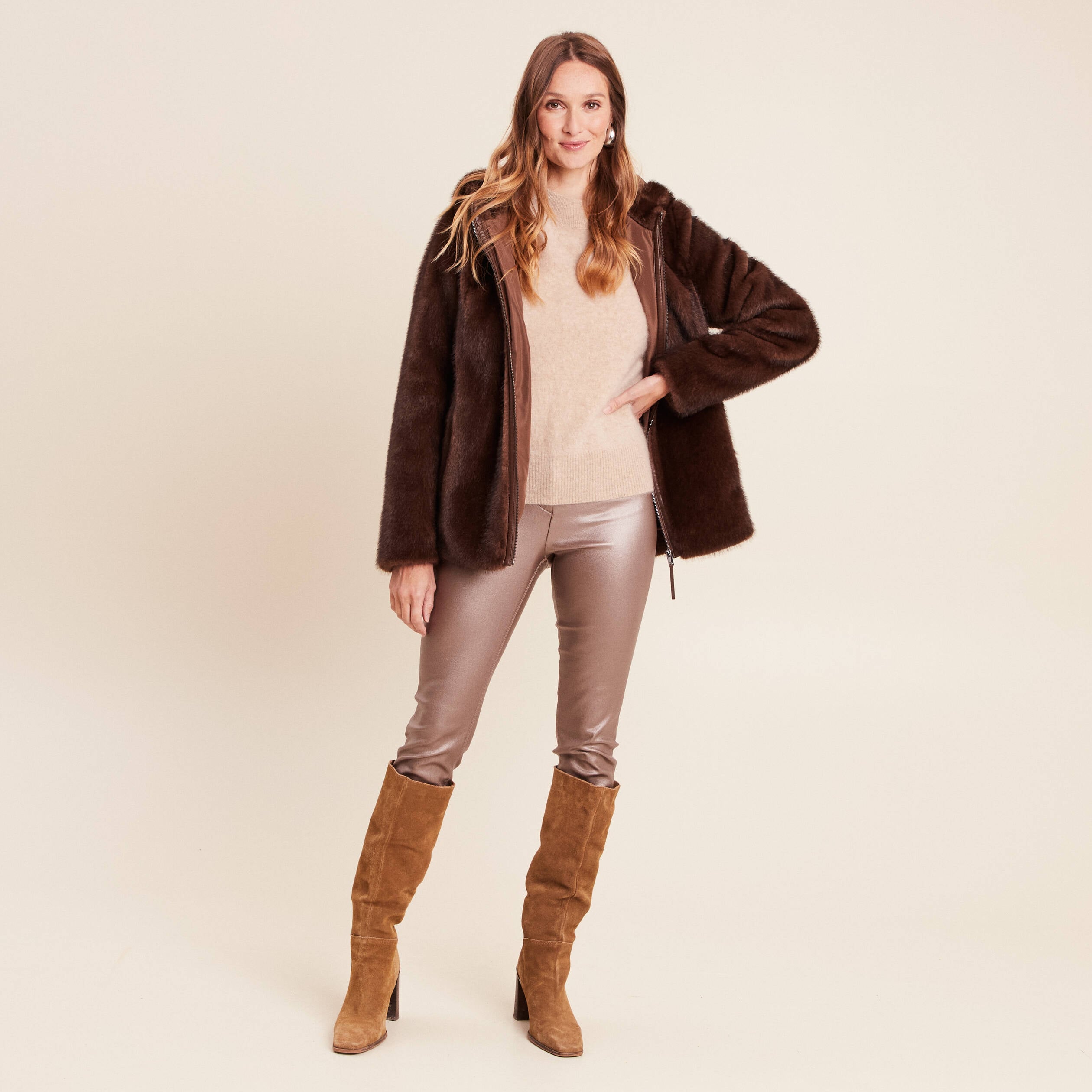 Pull cachemire col montant sable femme