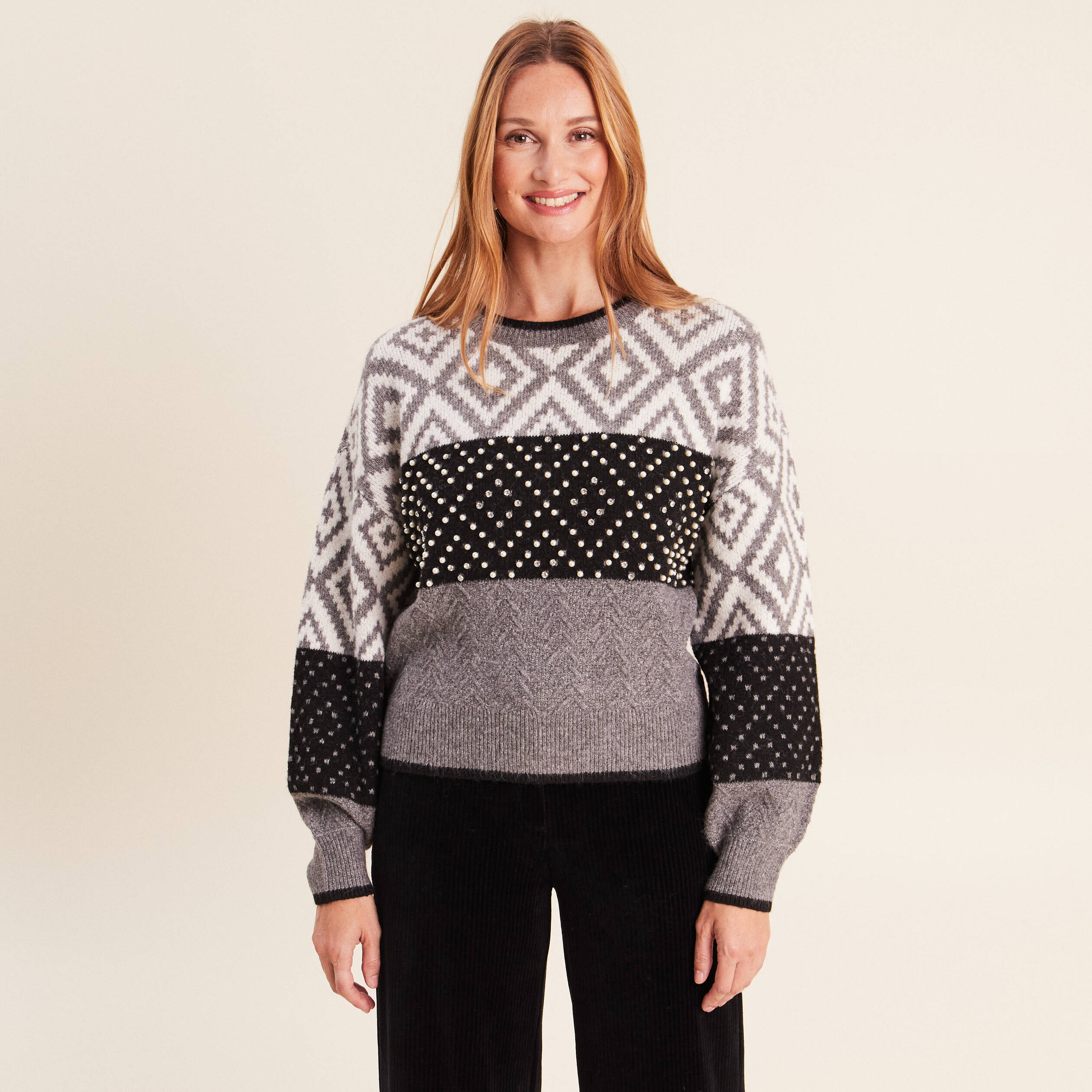 Pull jacquard col rond gris femme