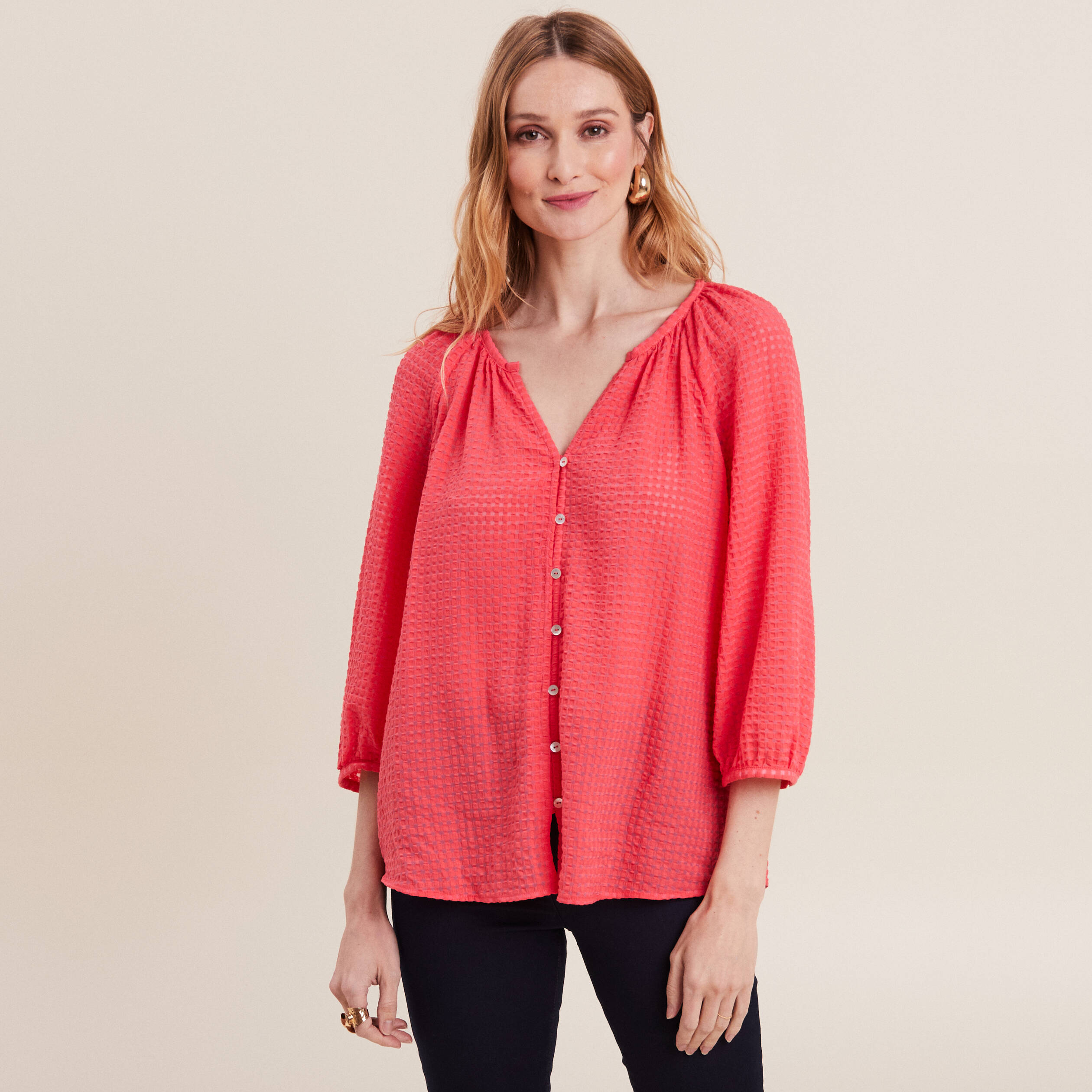 blouse manches 34 rose cerise femme Blouse manches 3/4 rose cerise femme