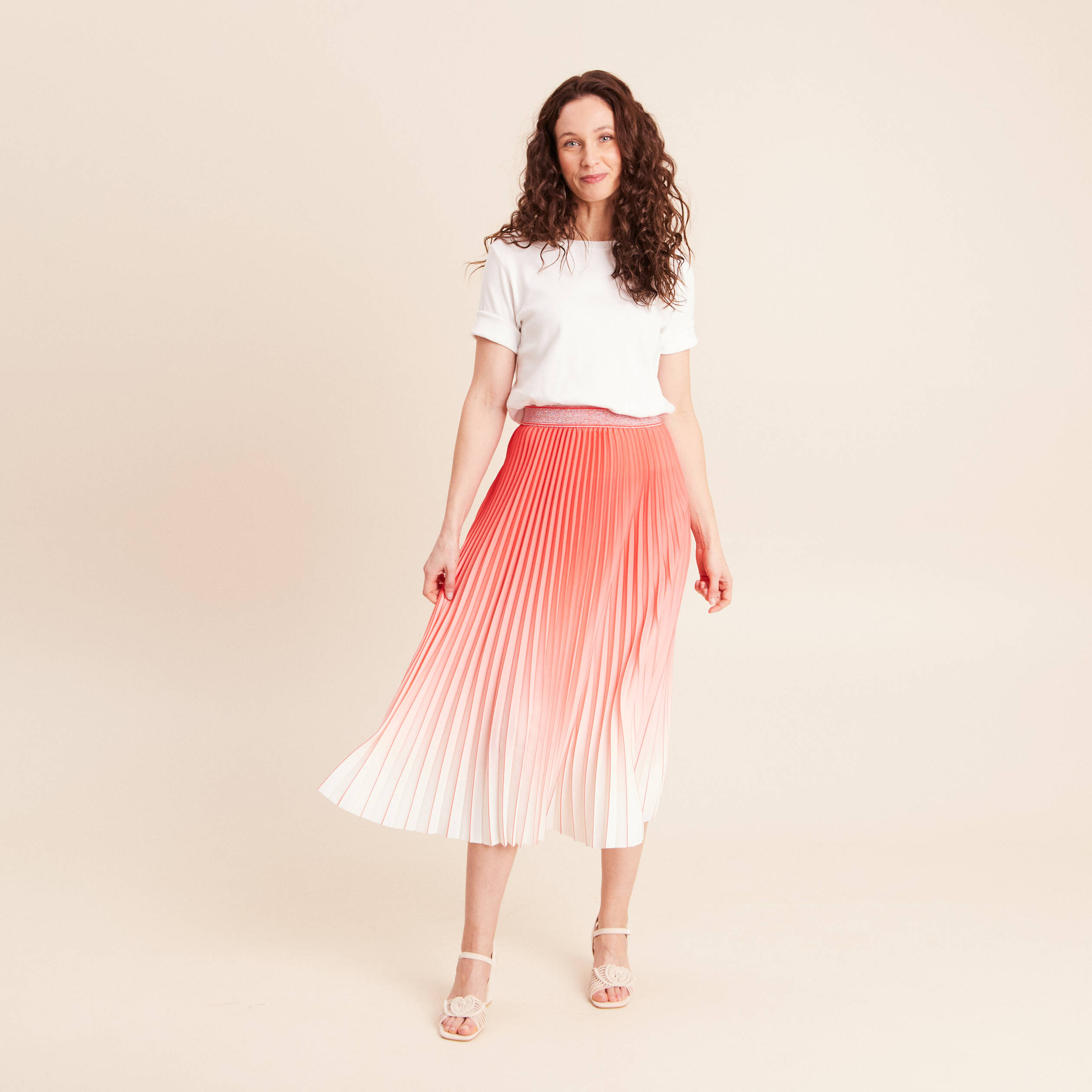 Jupe midi patineuse pliss&eacute;e rose vif femme