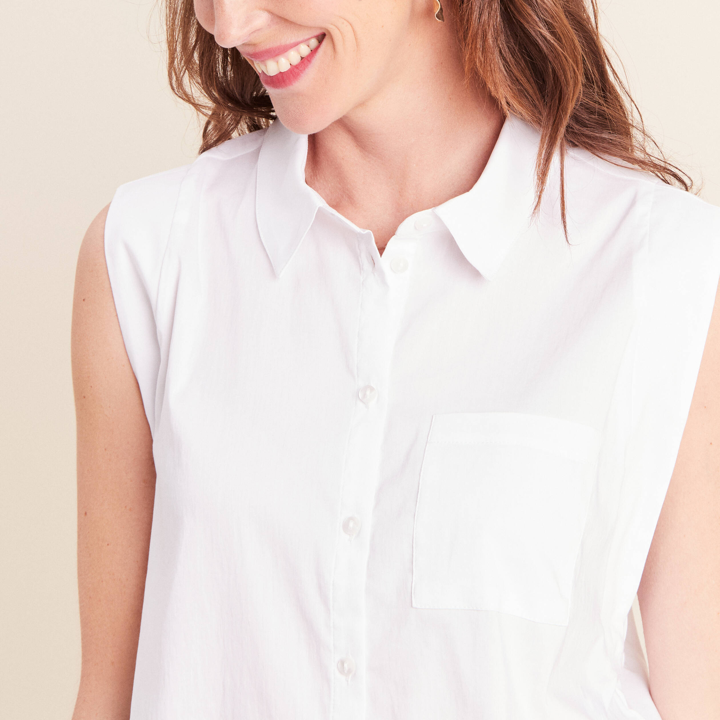 Chemise sans manches col chemise ecru femme