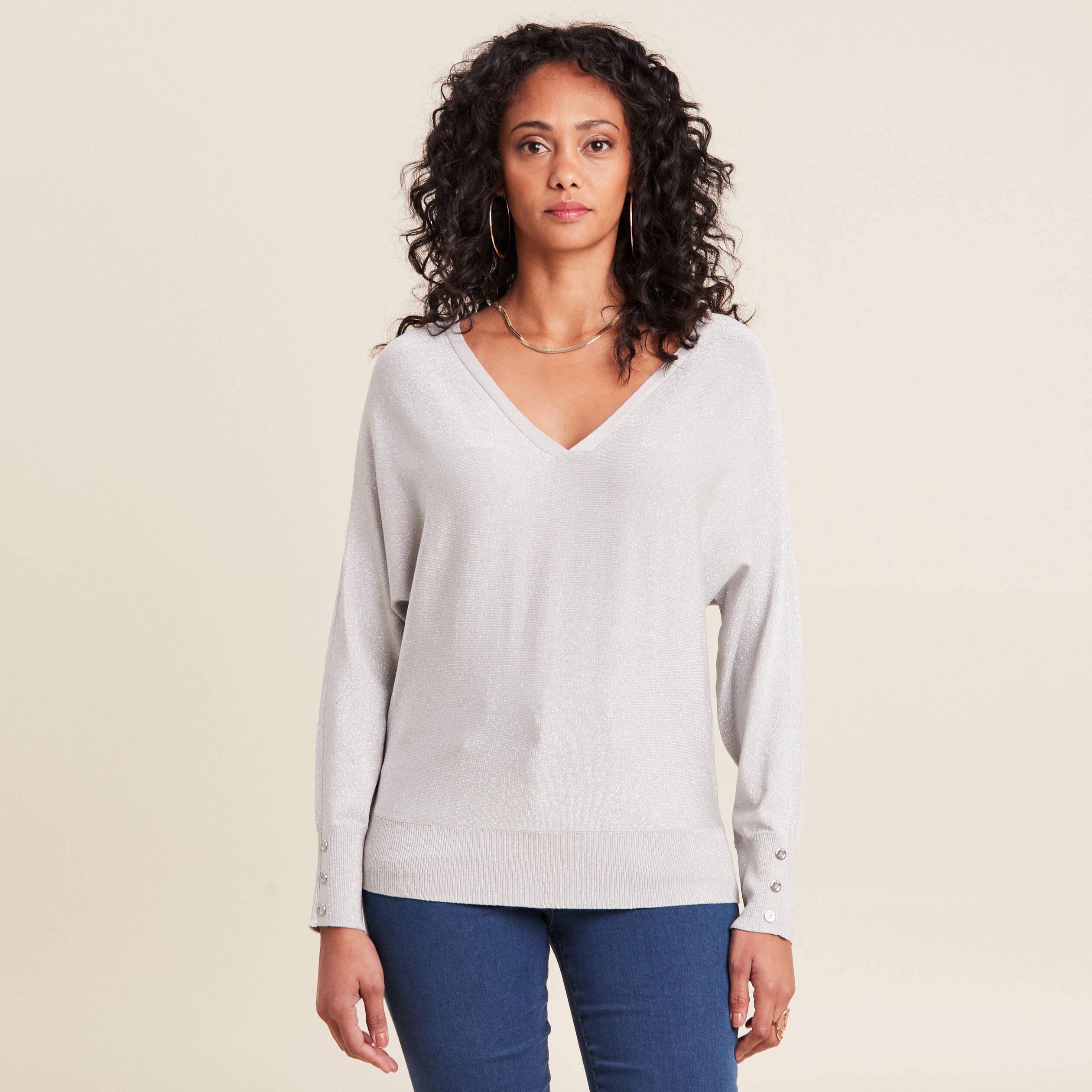 Pull manches longues couleur argent femme