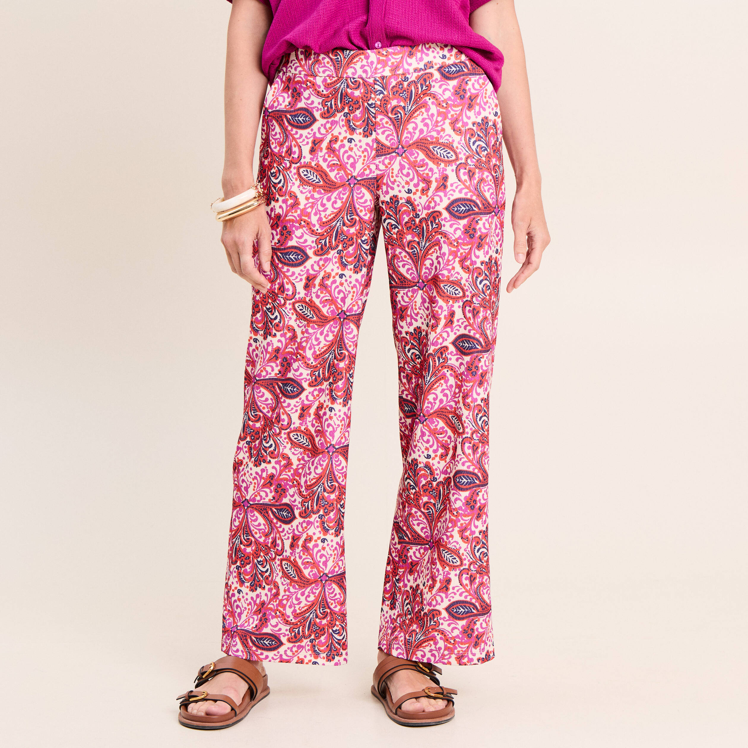 Pantalon large taille haute rose corail femme