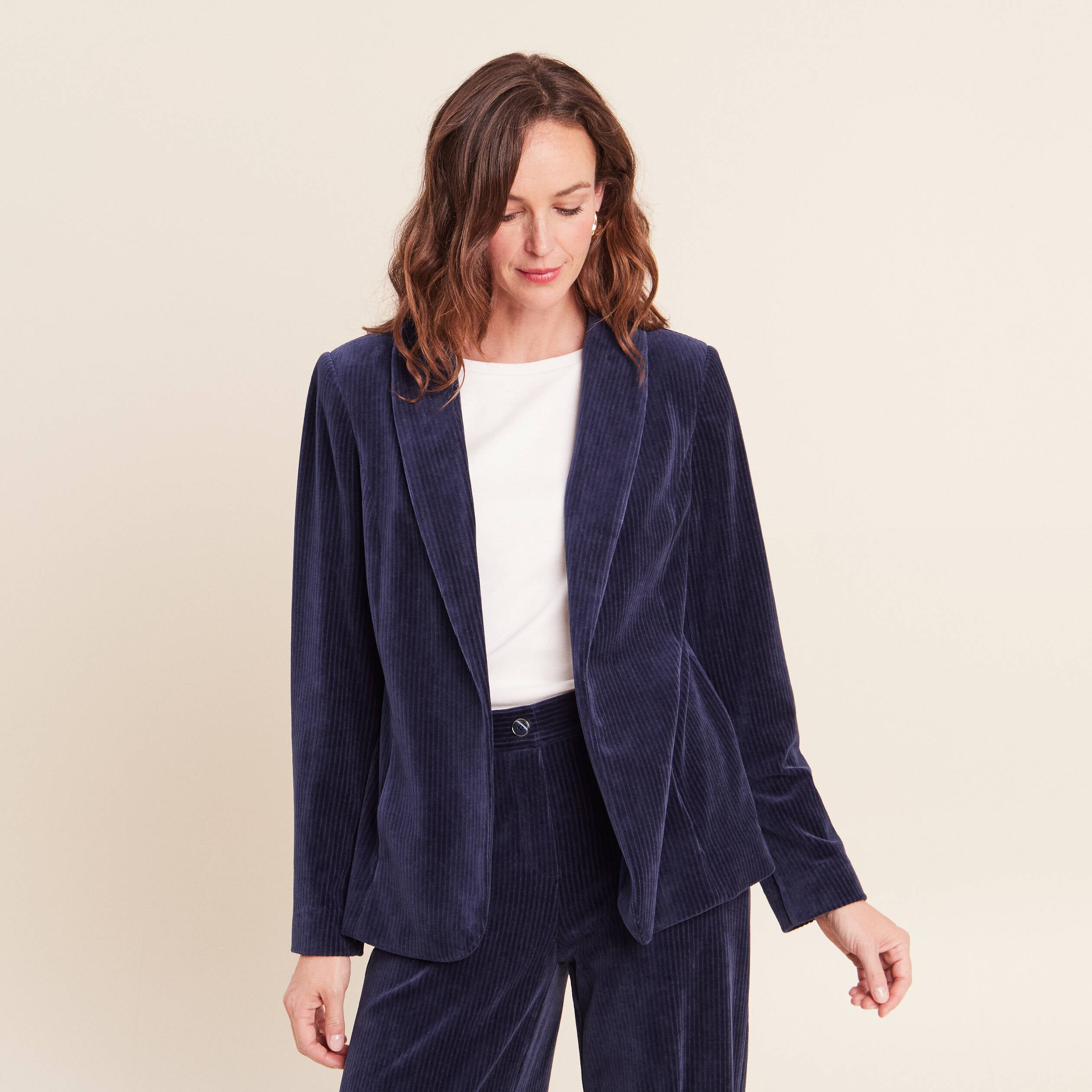 Veste tailleur velours bleu marine femme