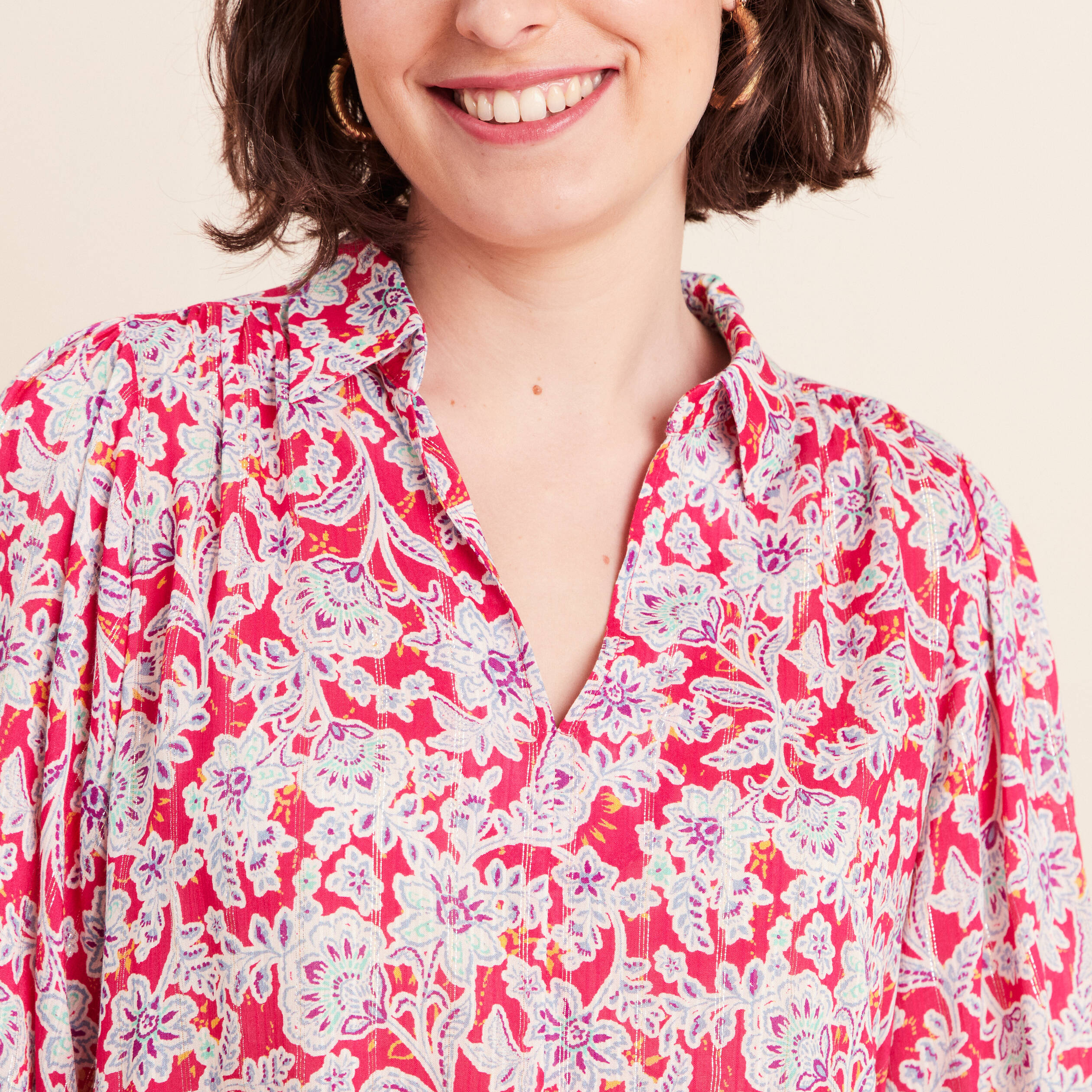 Blouse ample col chemise manches 3/4 rose femme