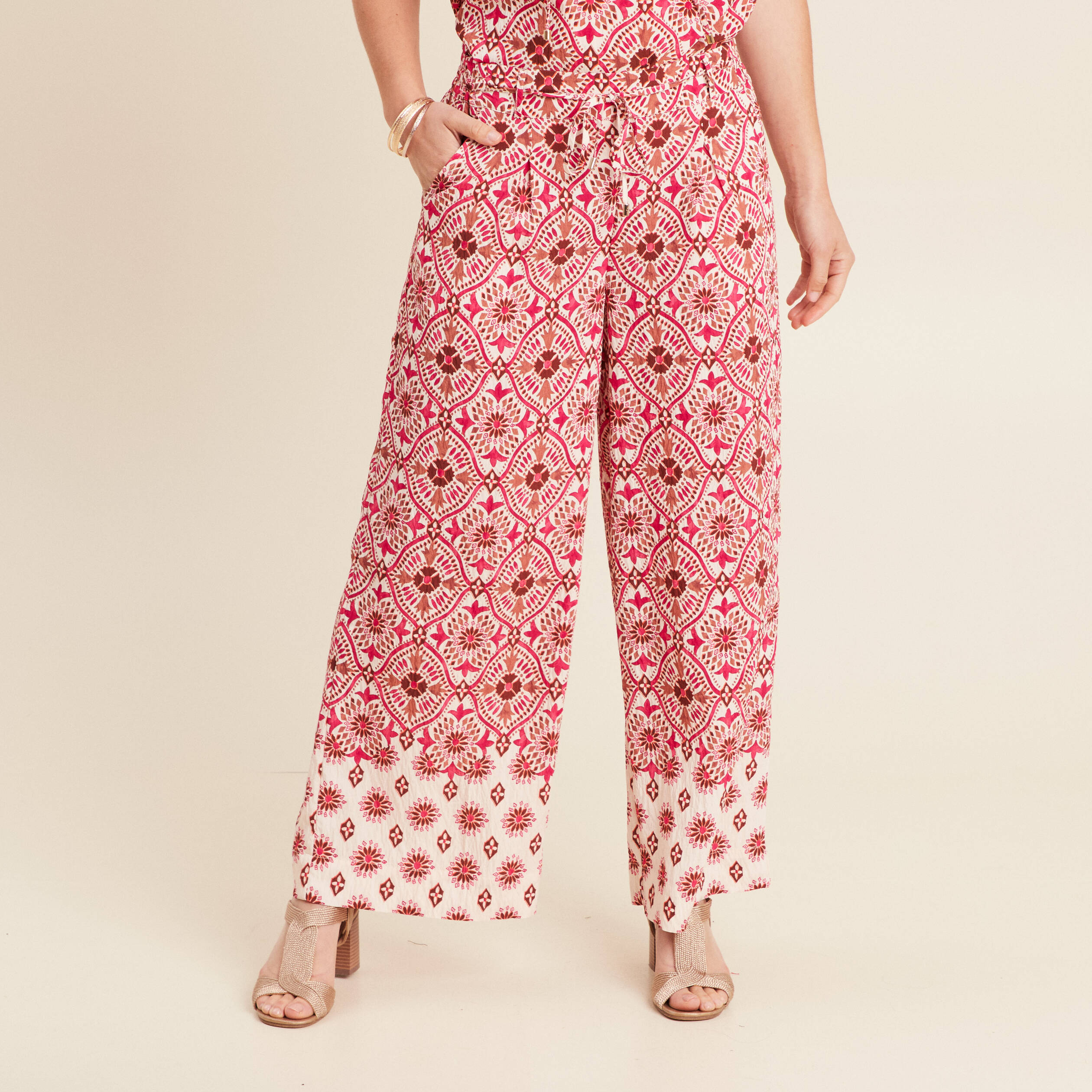 pantalon large taille haute rose femme Pantalon large taille haute rose femme