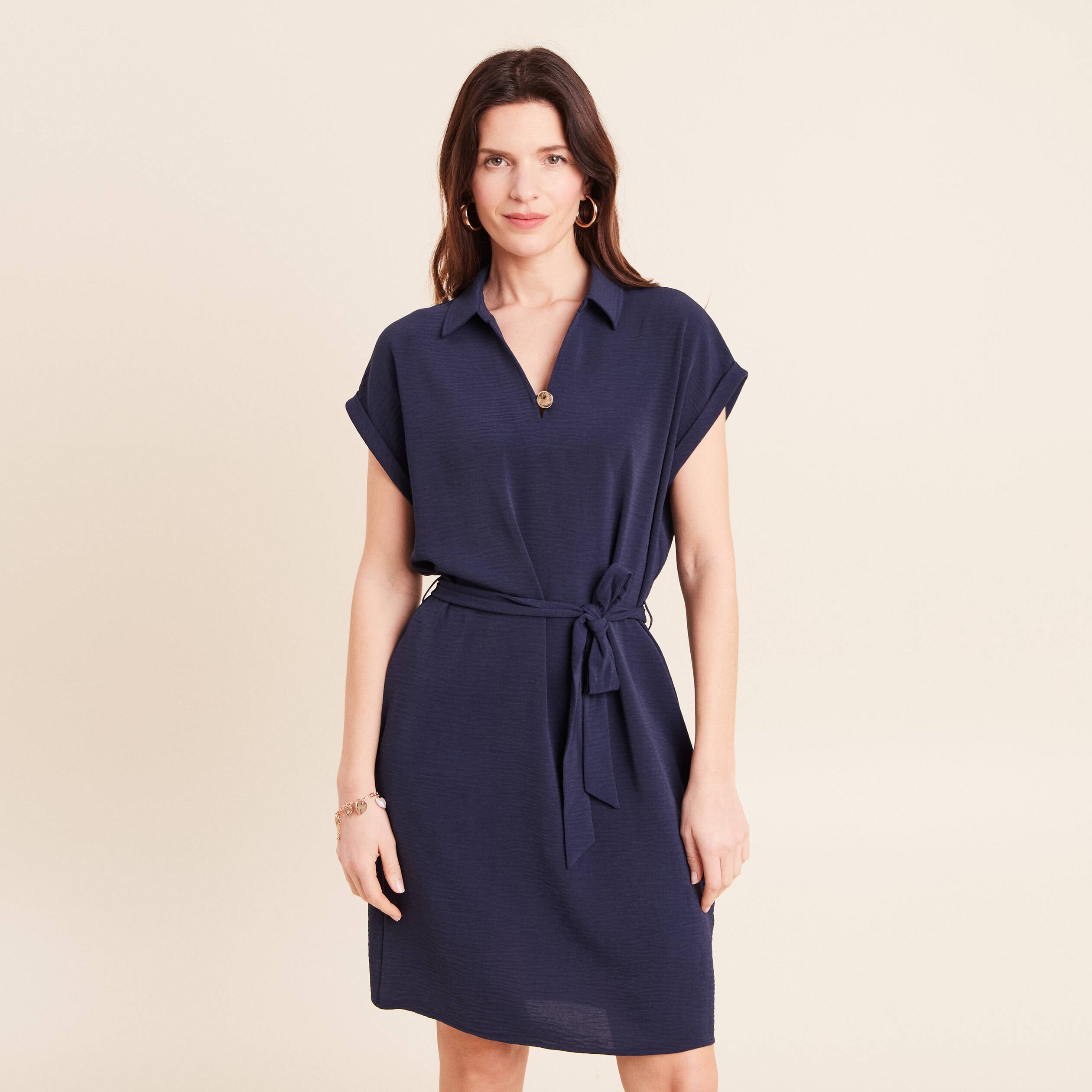 Robe droite courte manches courtes bleu marine femme