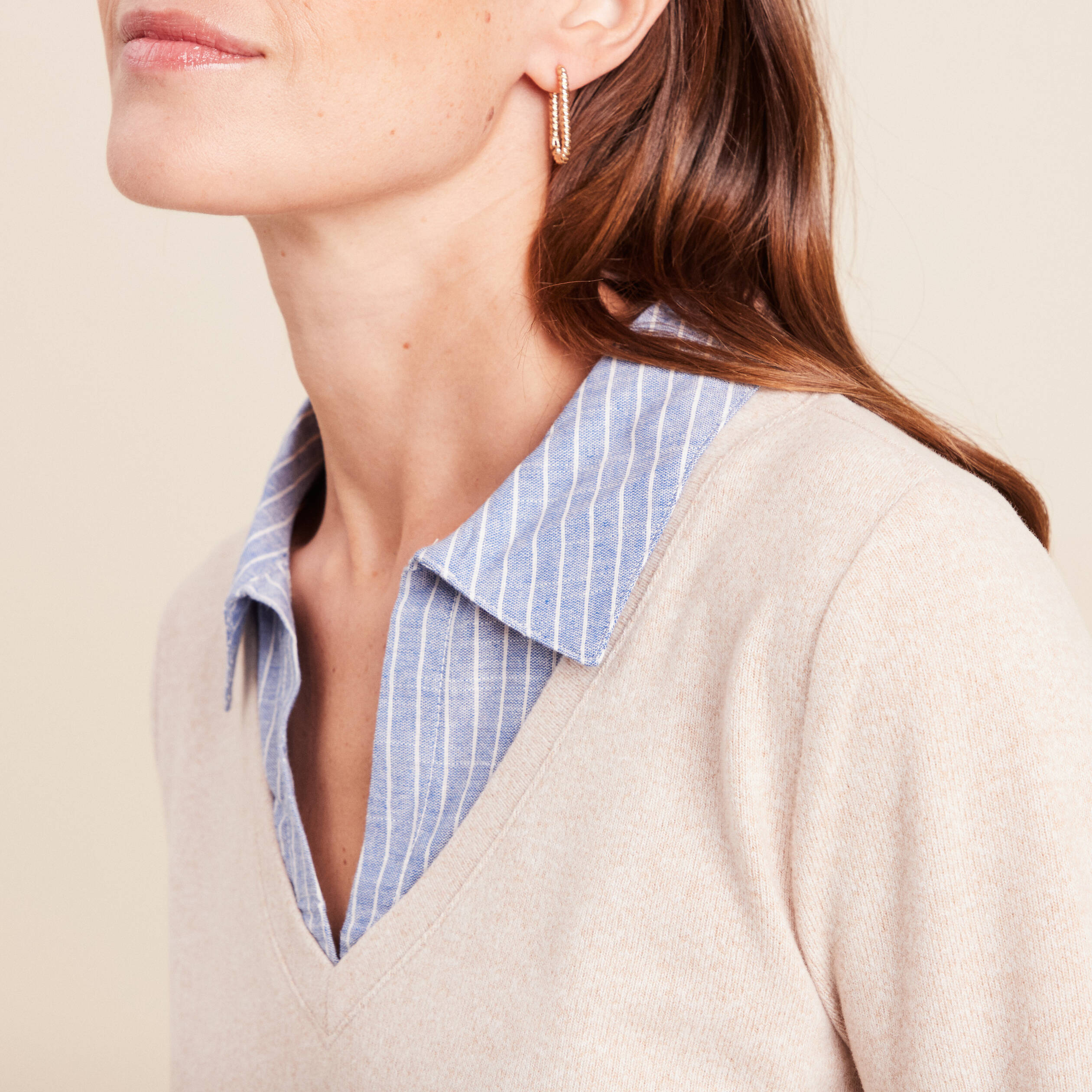 T-shirt effet 2 en 1 col chemise creme femme