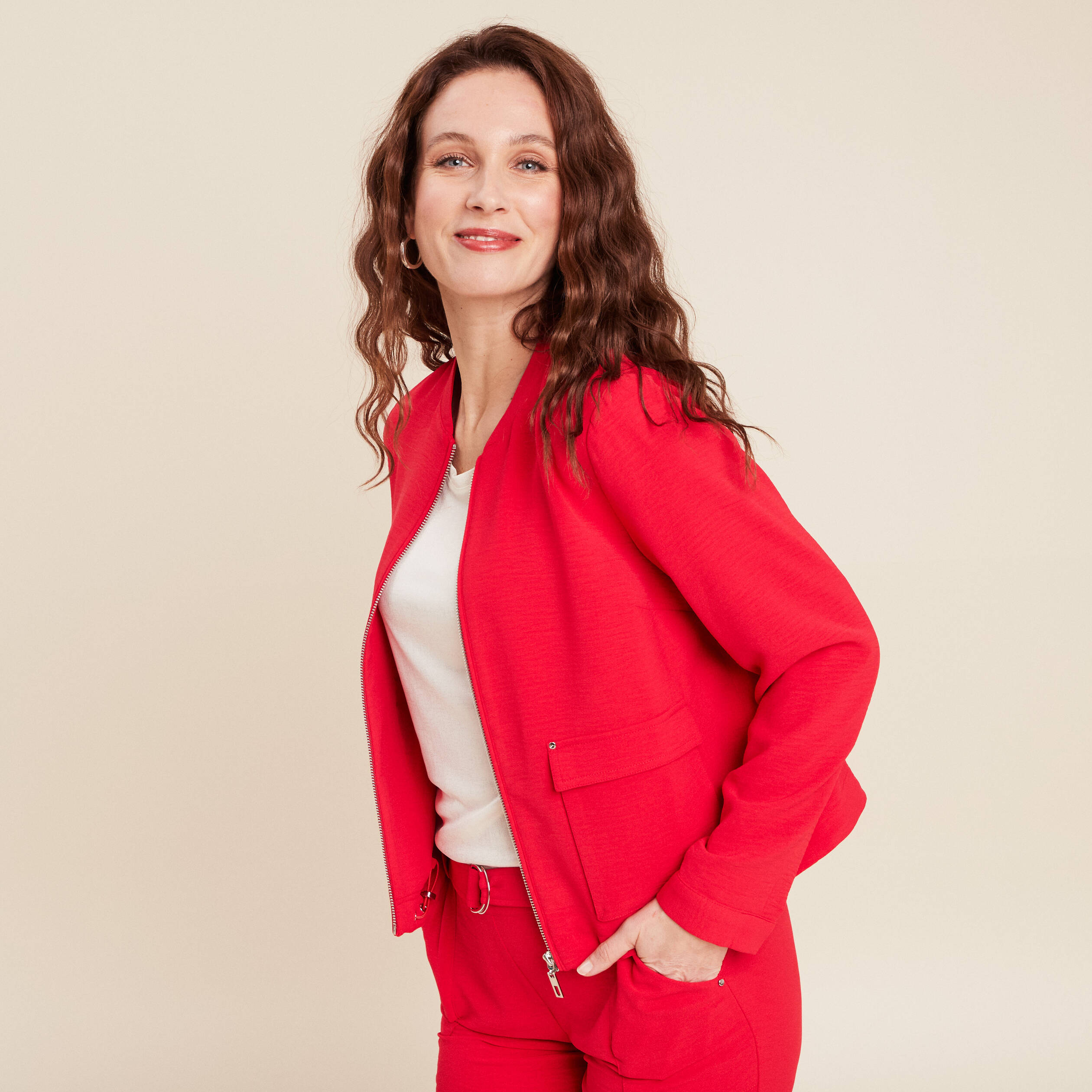 Blouson zippé poches rouge femme