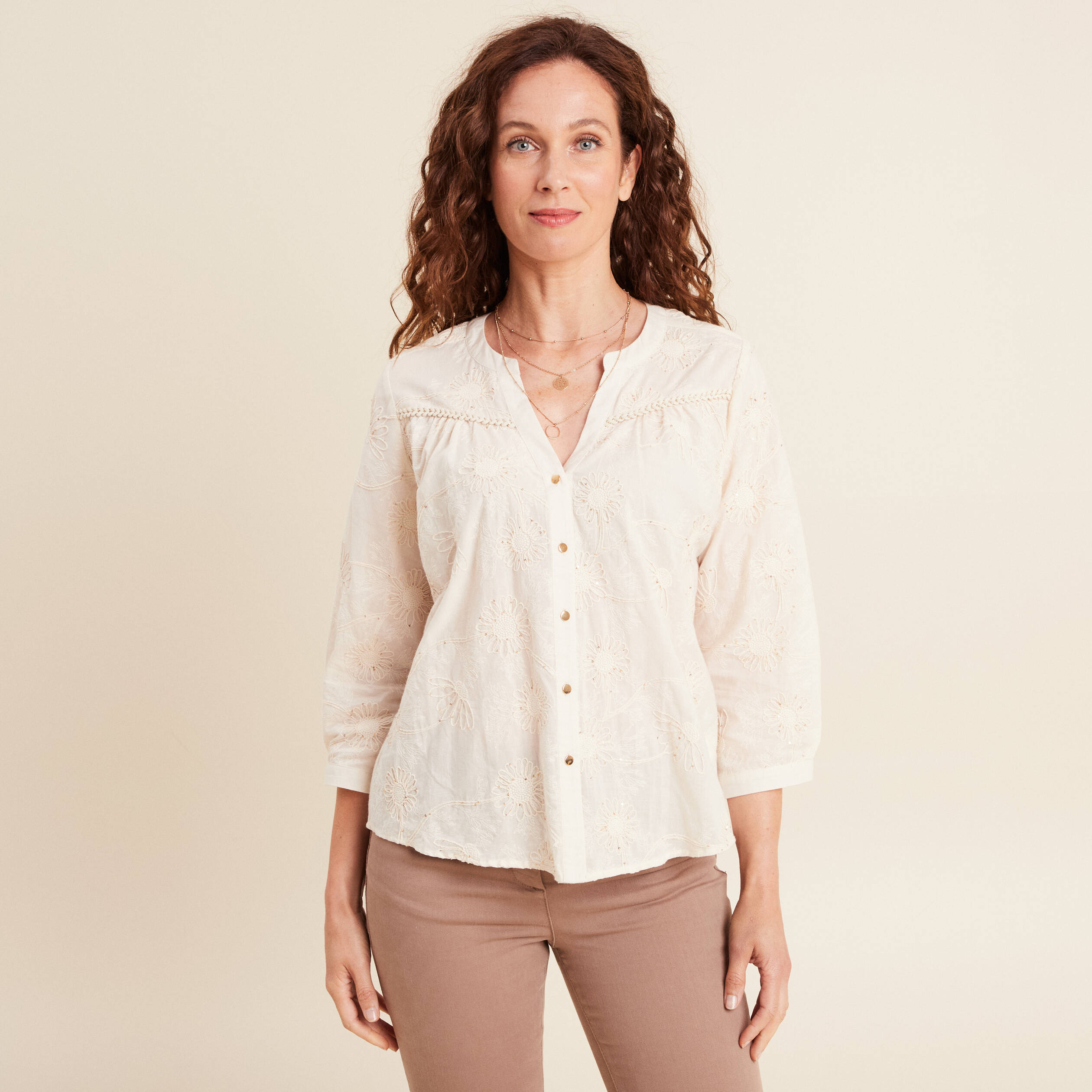 Blouse col tunisien manches 3/4 ecru femme