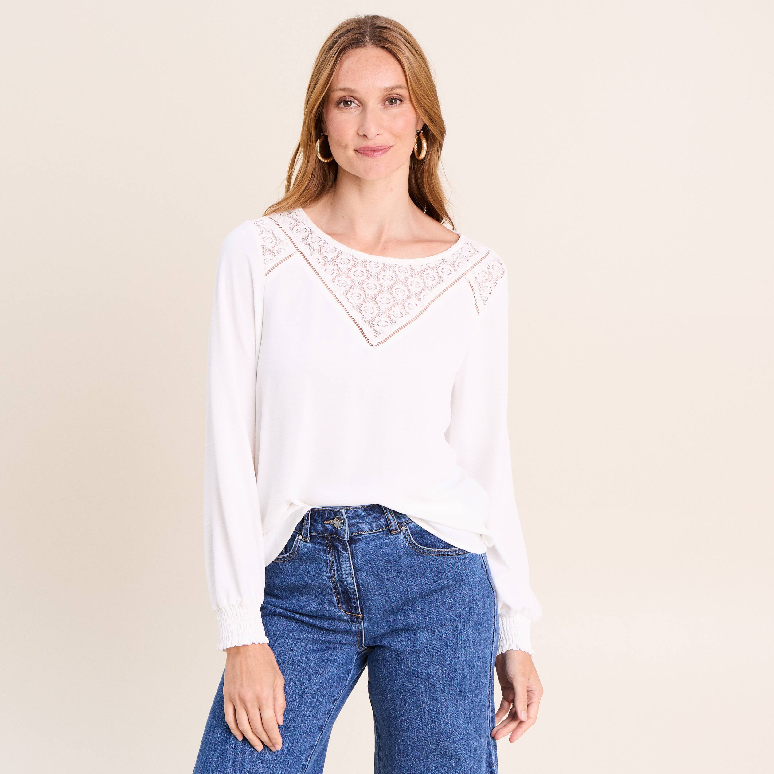 Blouse droite manches longues dentelle ecru femme
