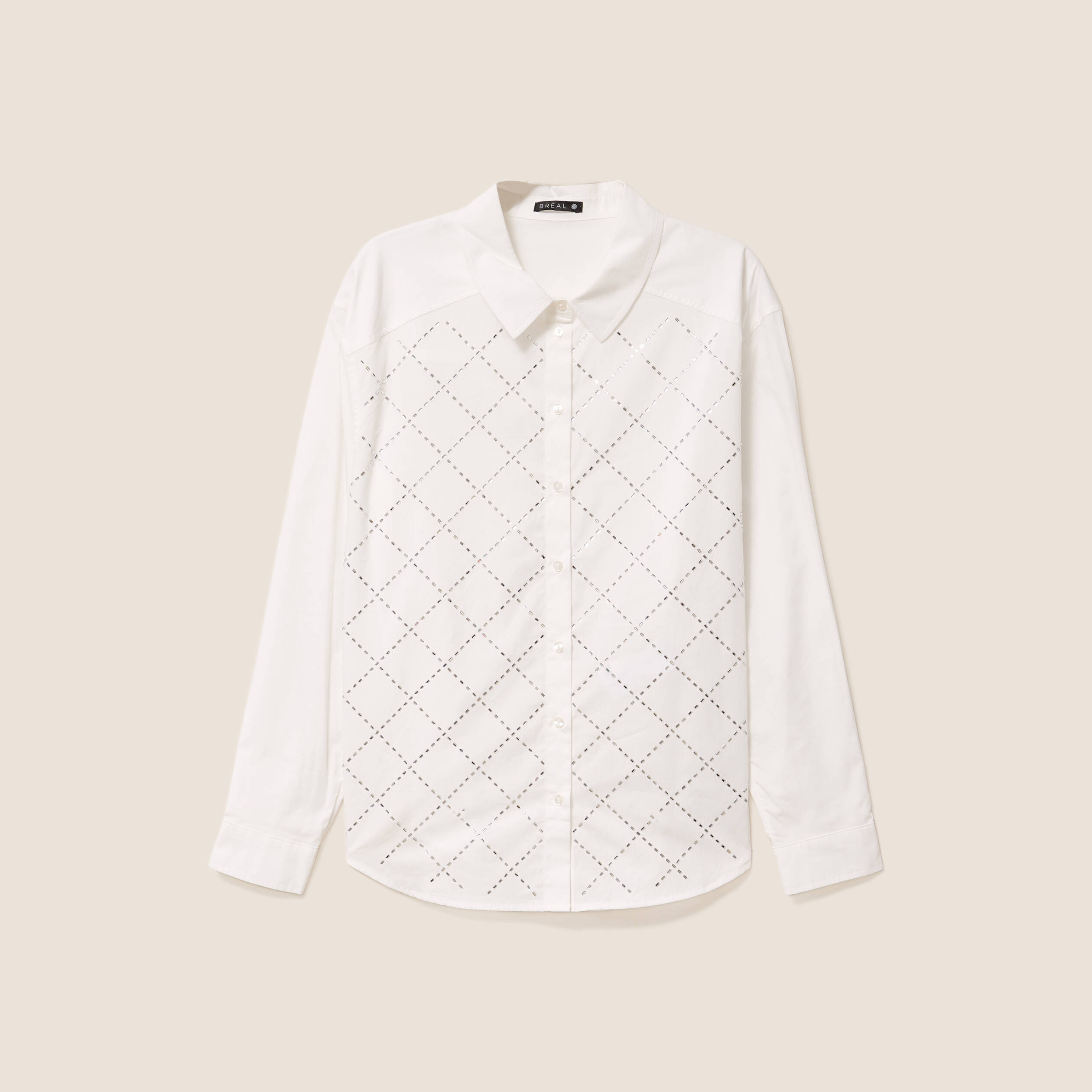 Chemise manches longues en coton strass blanc femme