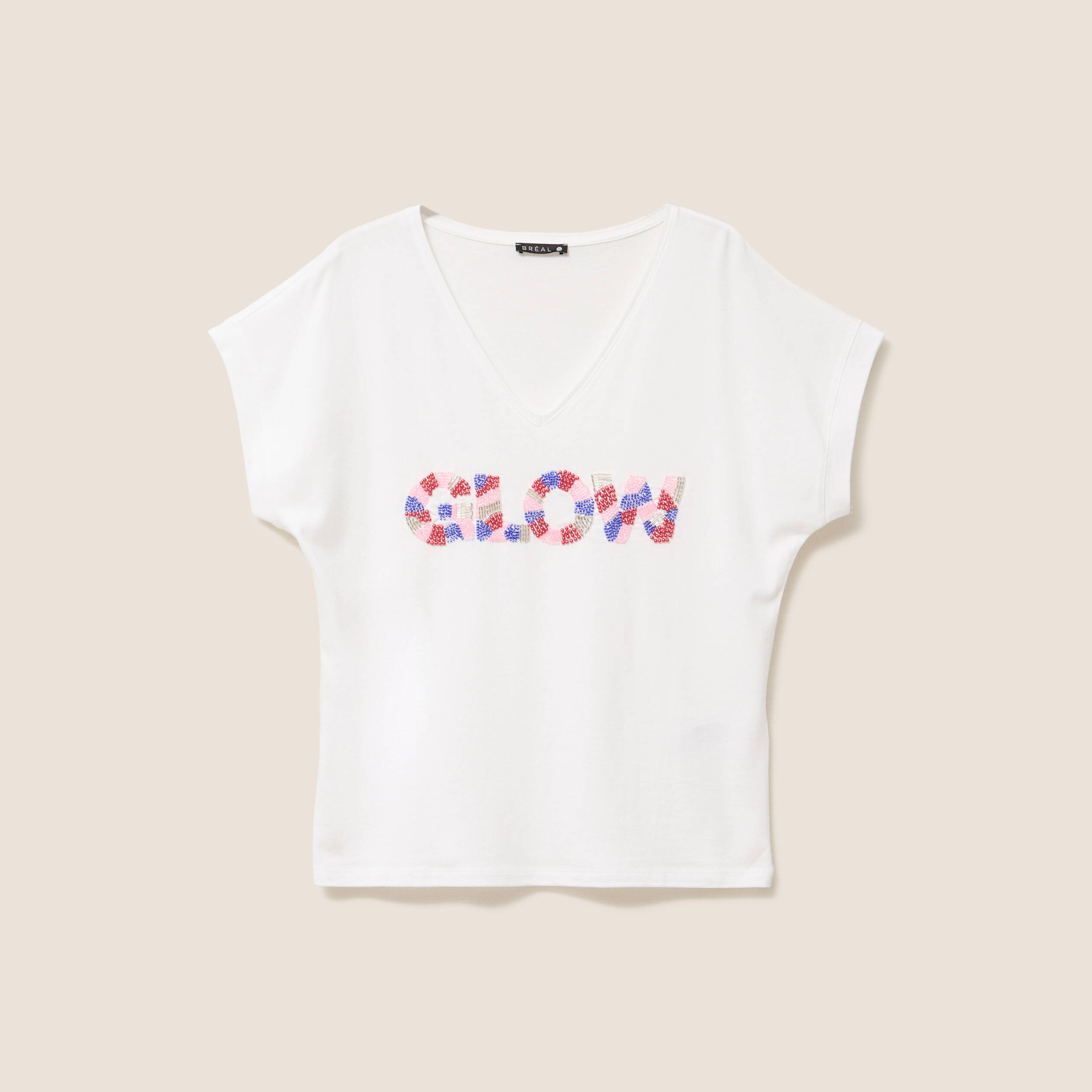 T-shirt col v manches courtes ecru femme