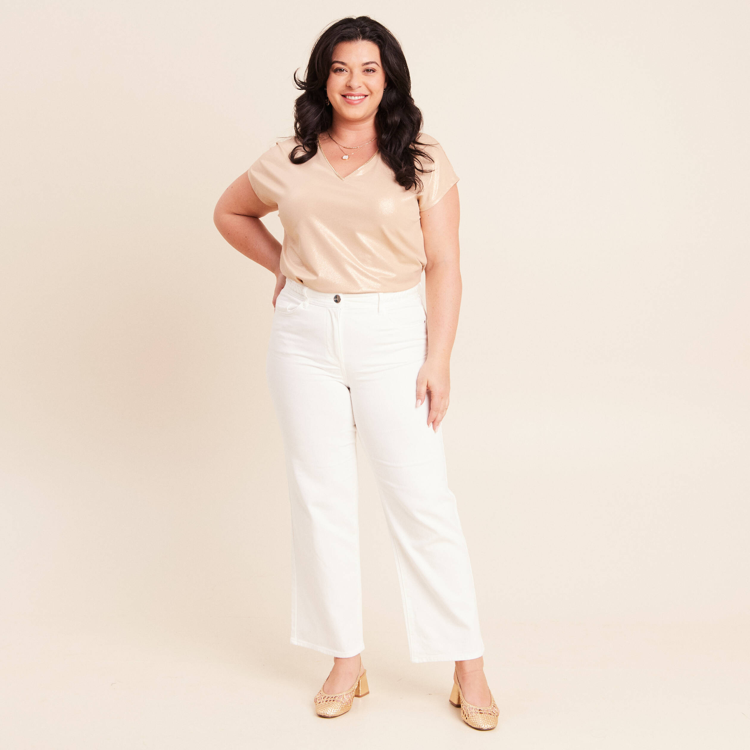 Jean coupe large 7/8&egrave;me taille haute blanc femme