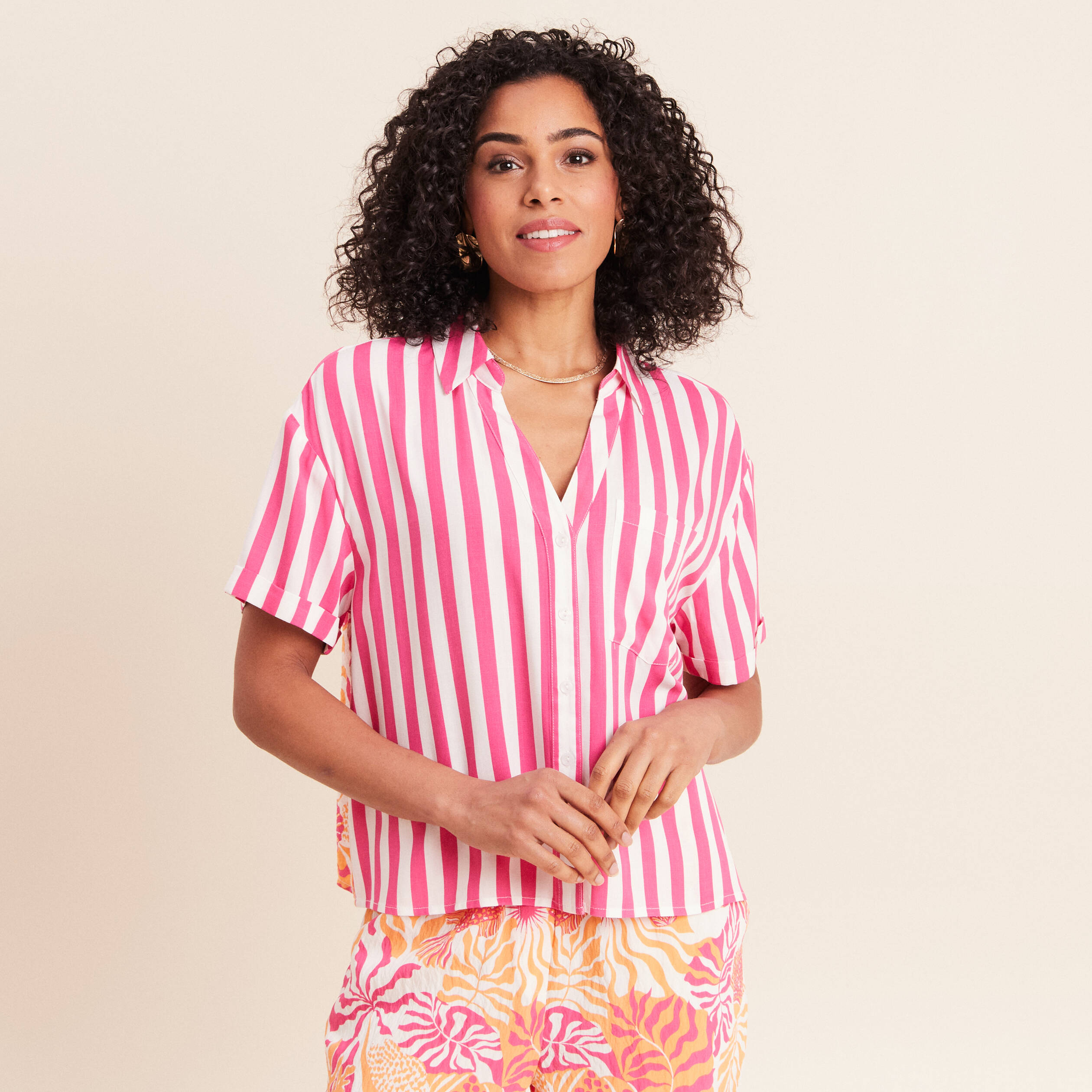Chemise fluide manches courtes rose fushia femme
