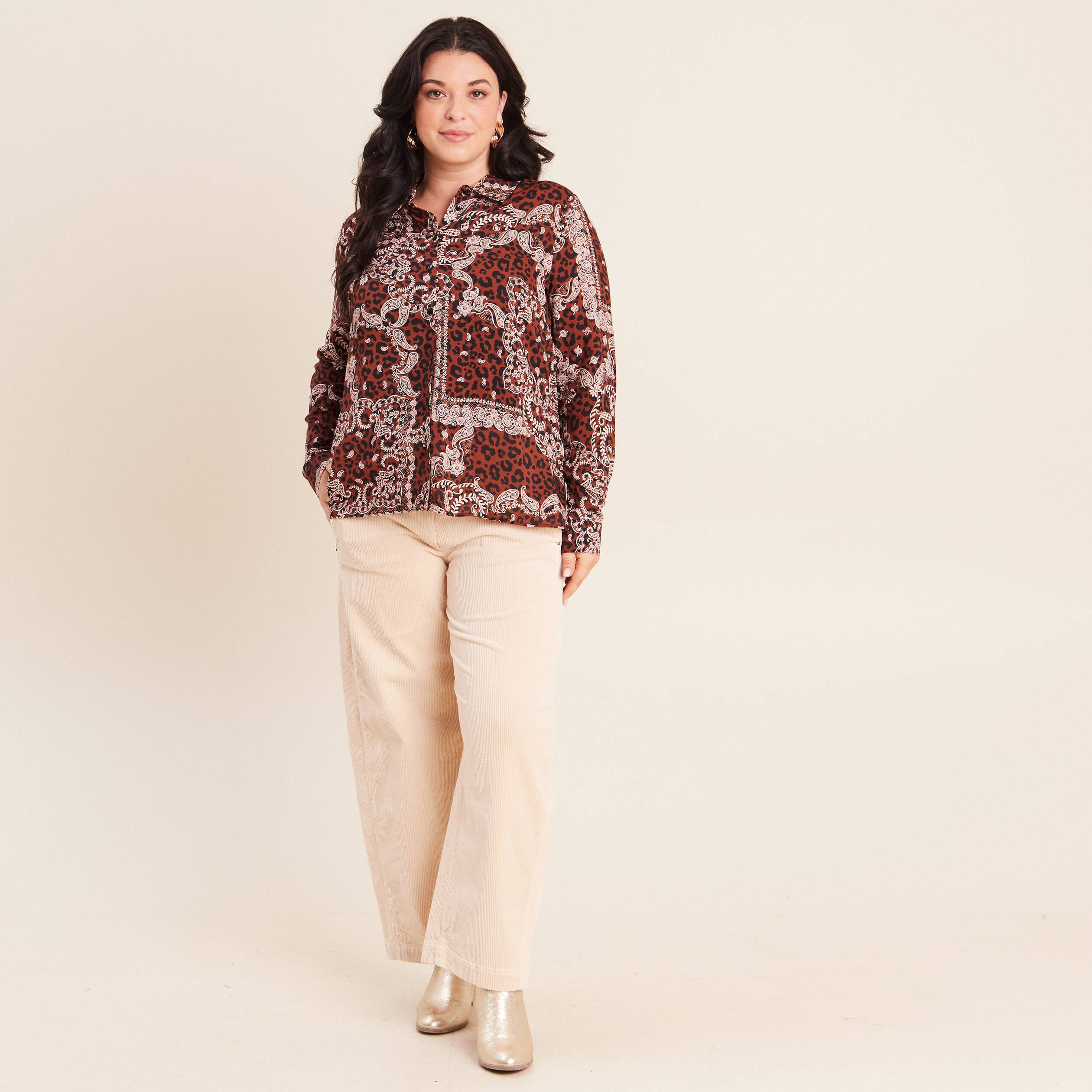 Chemise fluide manches longues marron femme