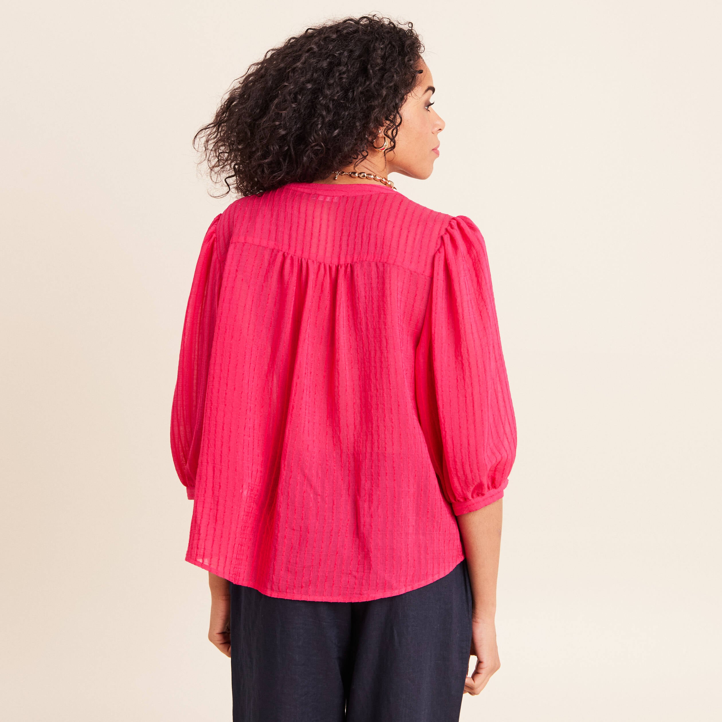Blouse ample col tunisien manches 3/4 rose fushia femme