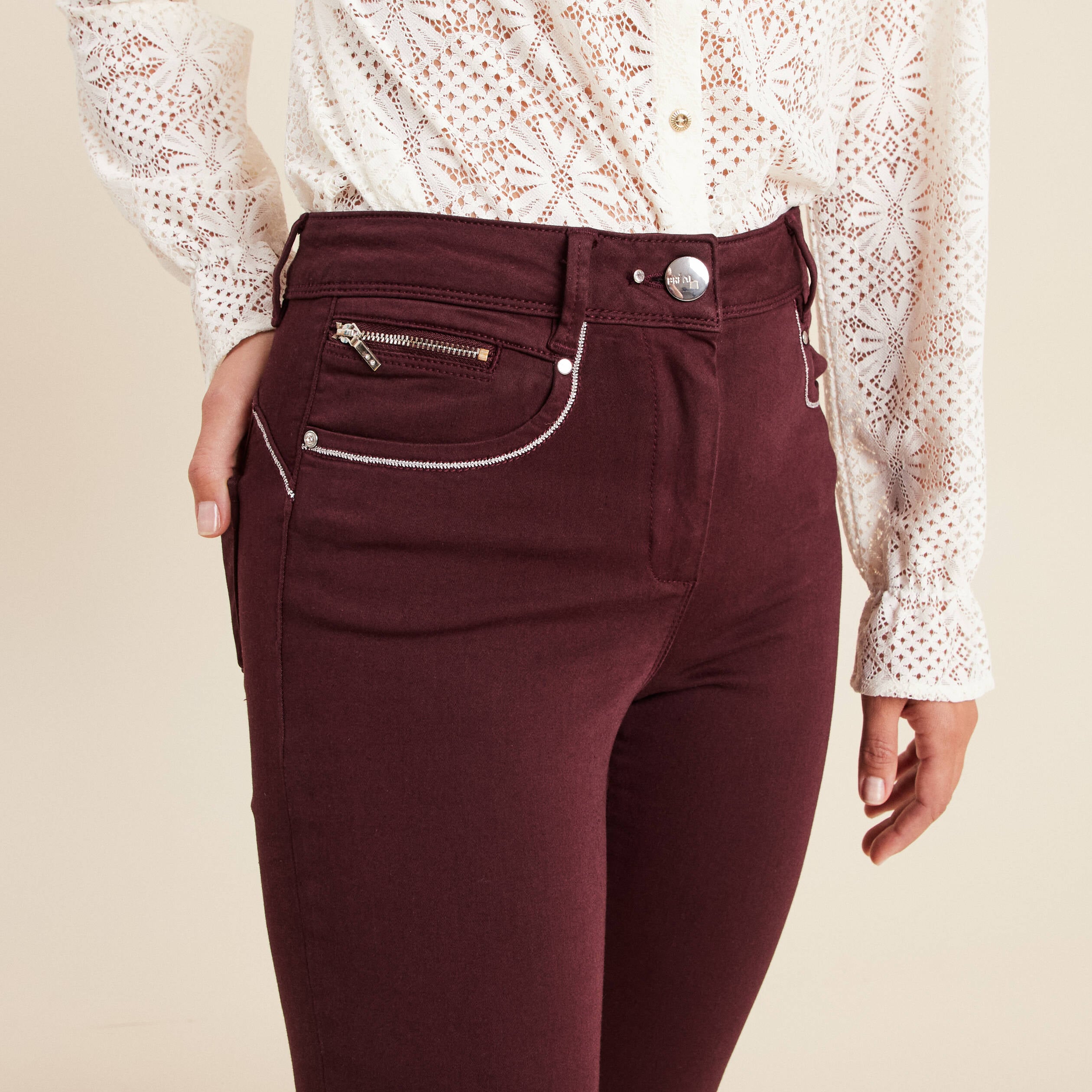 Pantalon droit taille haute bordeaux femme