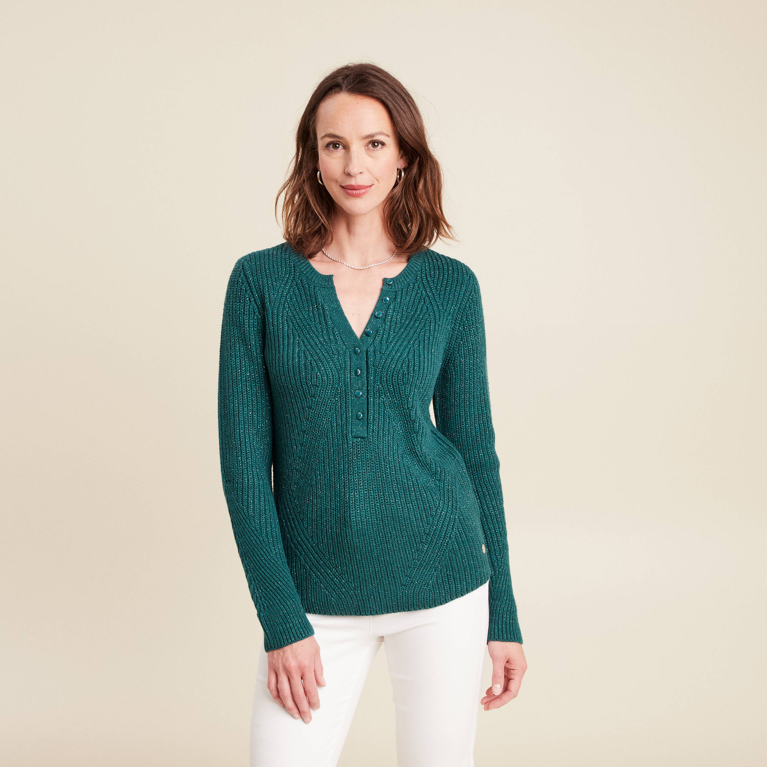 Pull manches longues vert fonc&eacute; femme