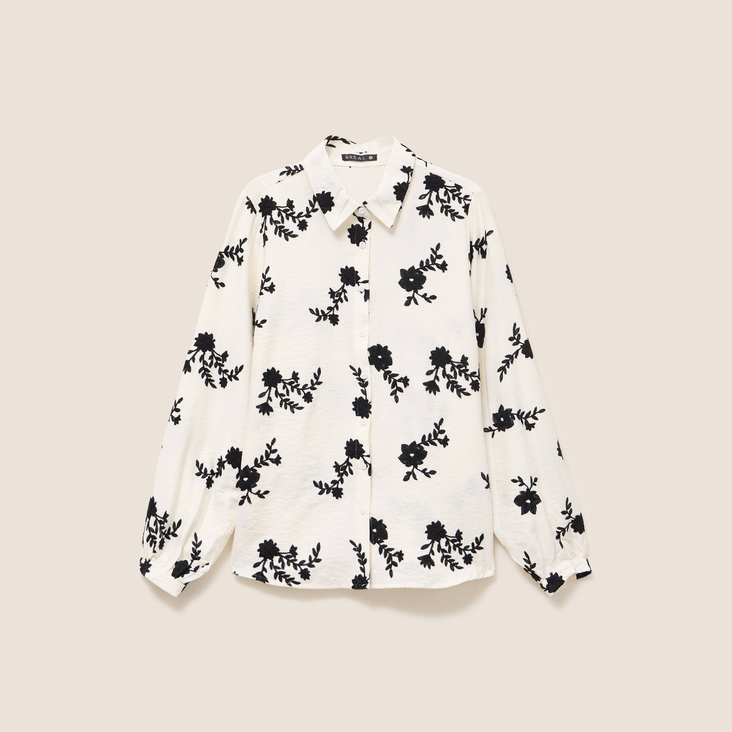 Chemise fluide brod&eacute;e manches longues blanc femme