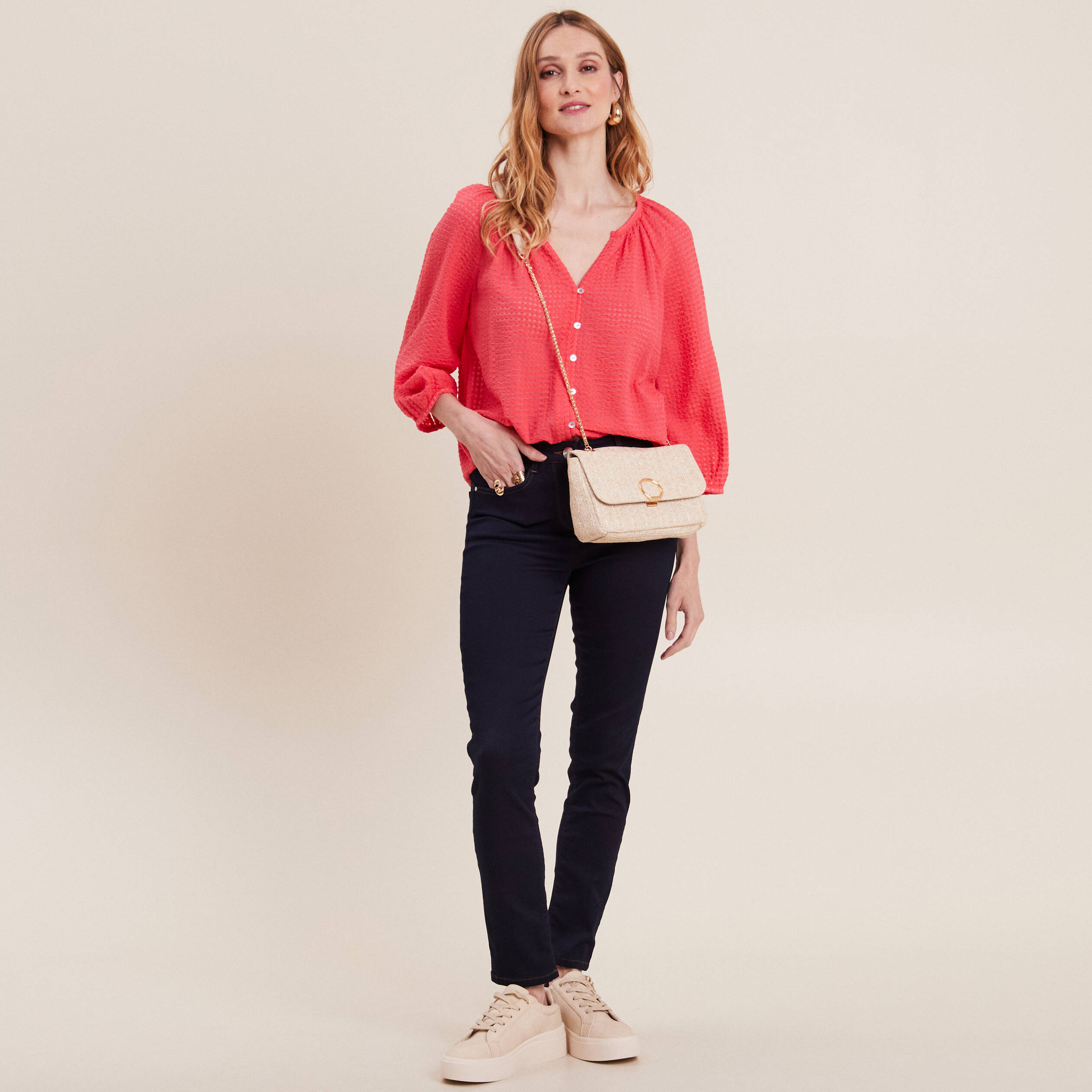blouse manches 34 rose cerise femme Blouse manches 3/4 rose cerise femme