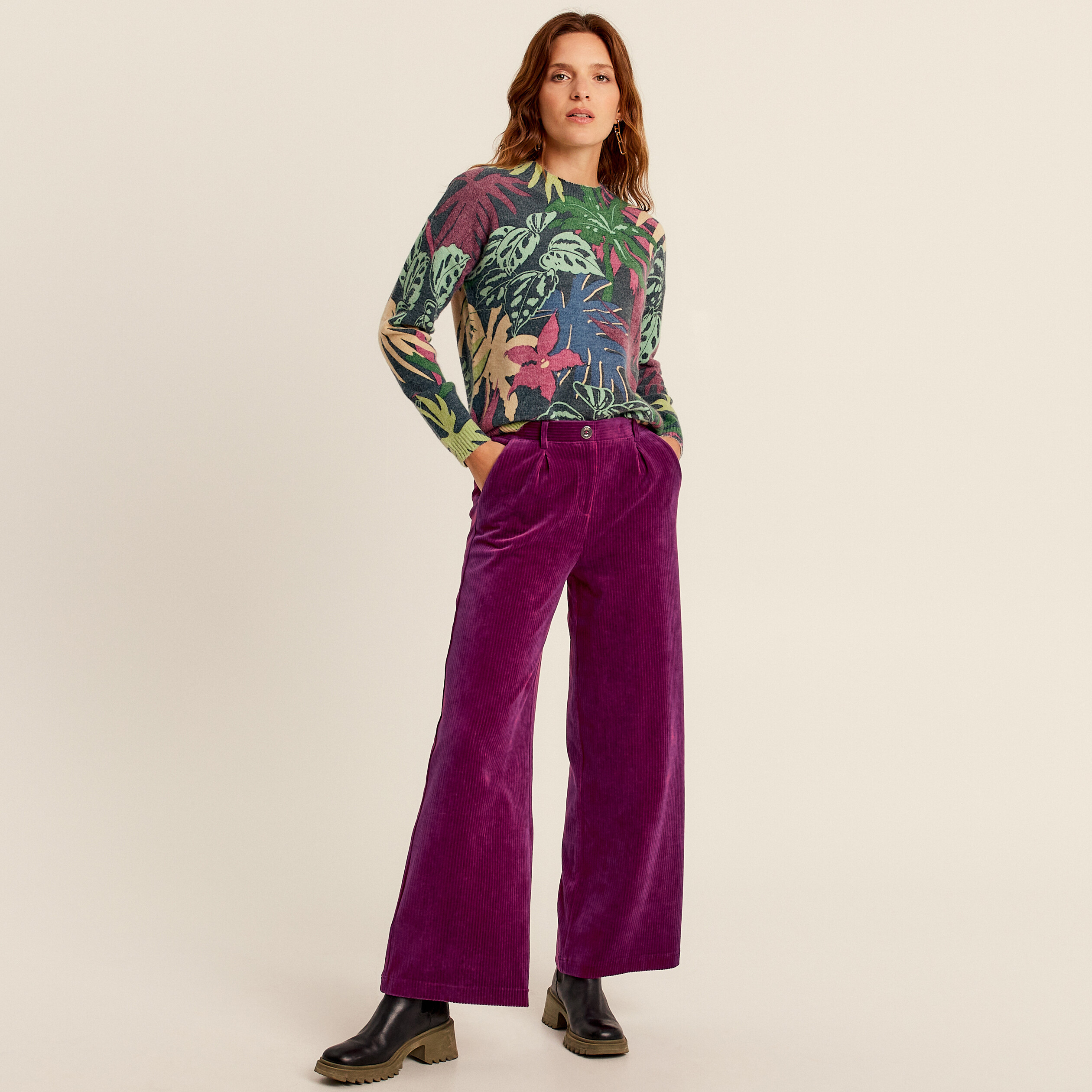 Pantalon large velours prune femme
