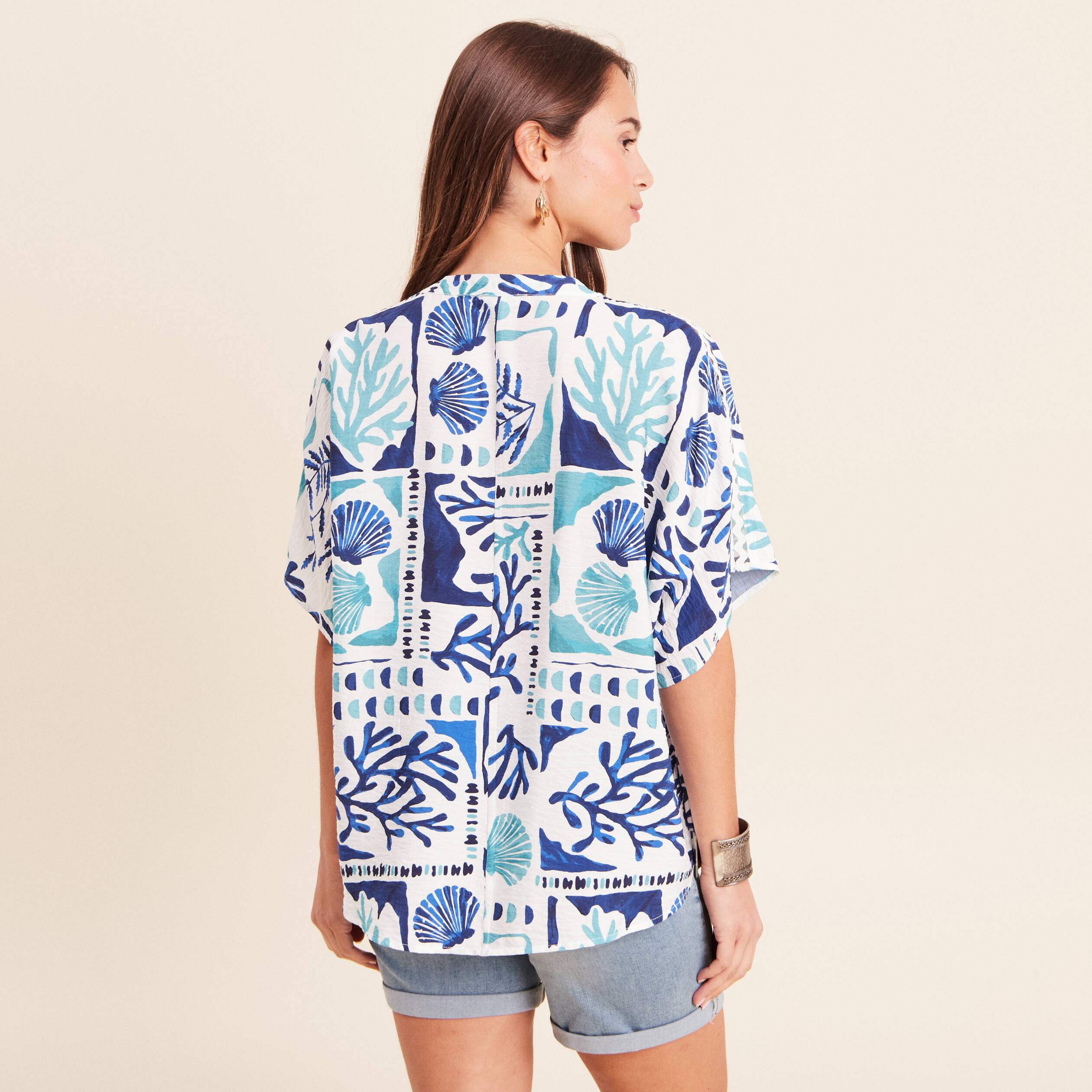 Chemise ample manches courtes fluide bleu femme
