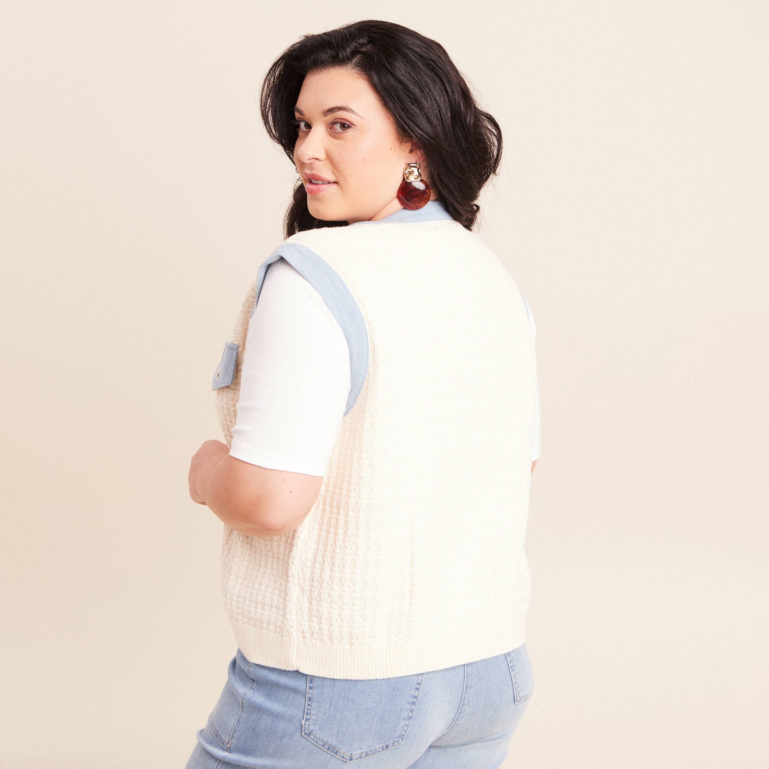 Gilet sans manches col rond ecru femme