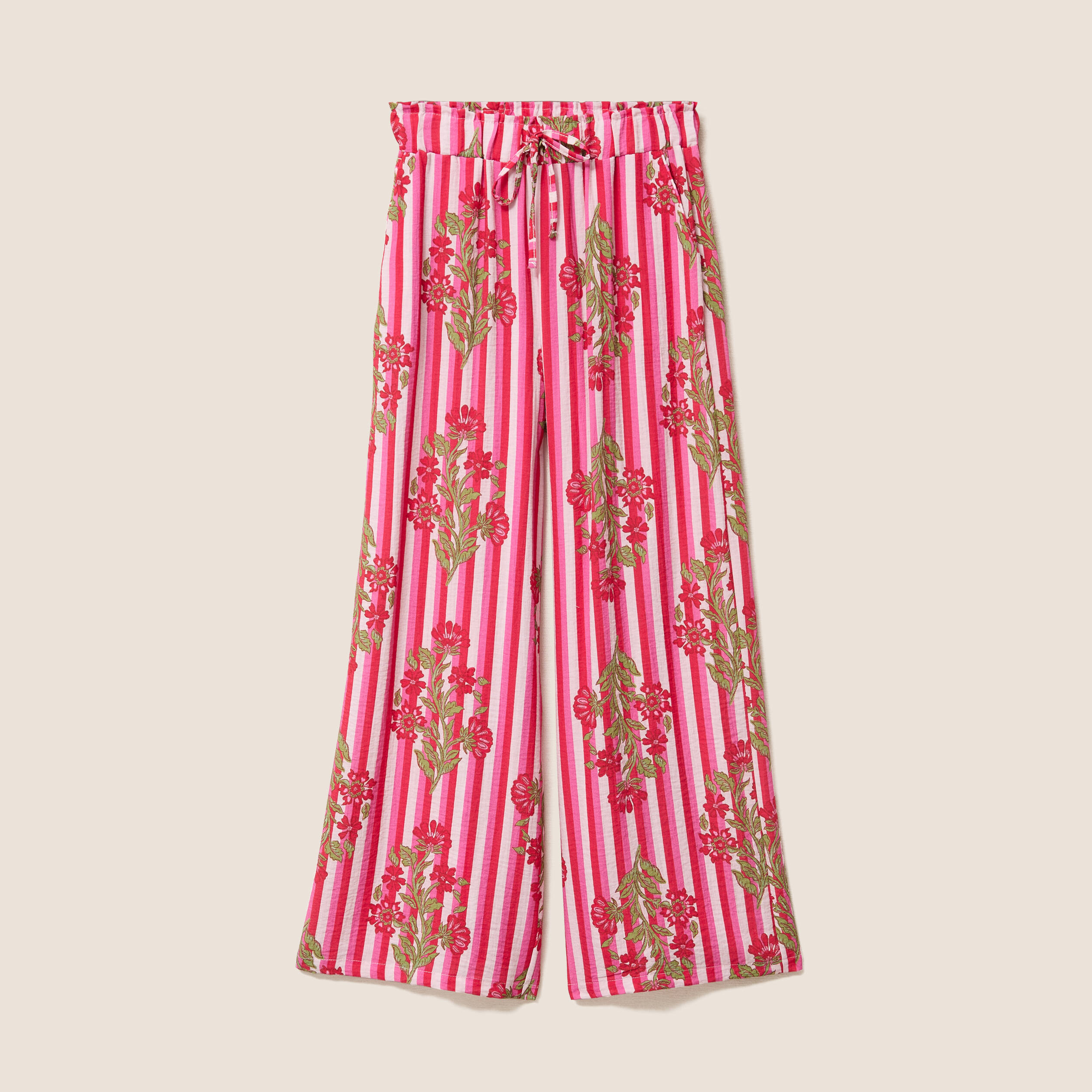 Pantalon large taille haute rose femme