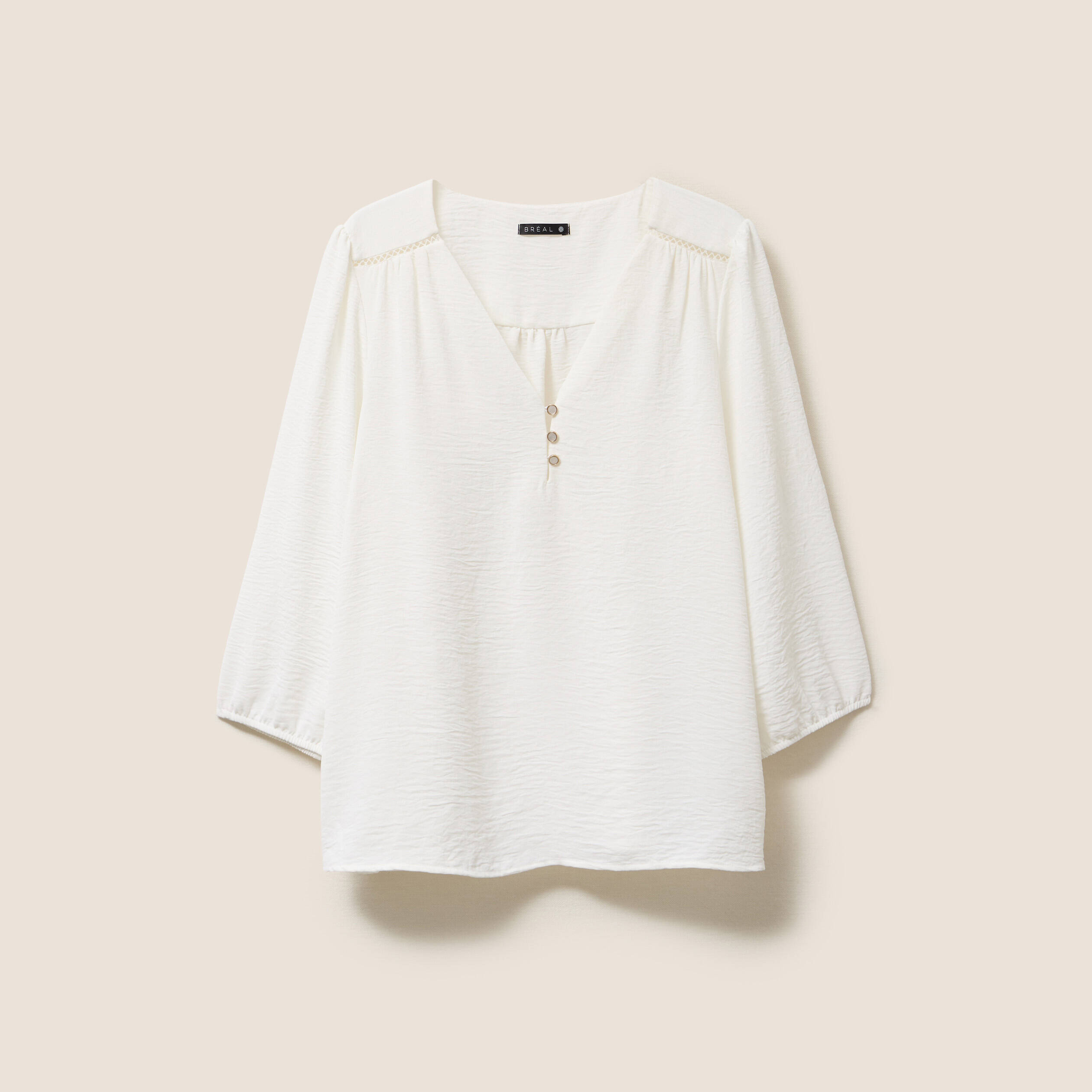 Blouse col v manches 3/4 fluide ecru femme