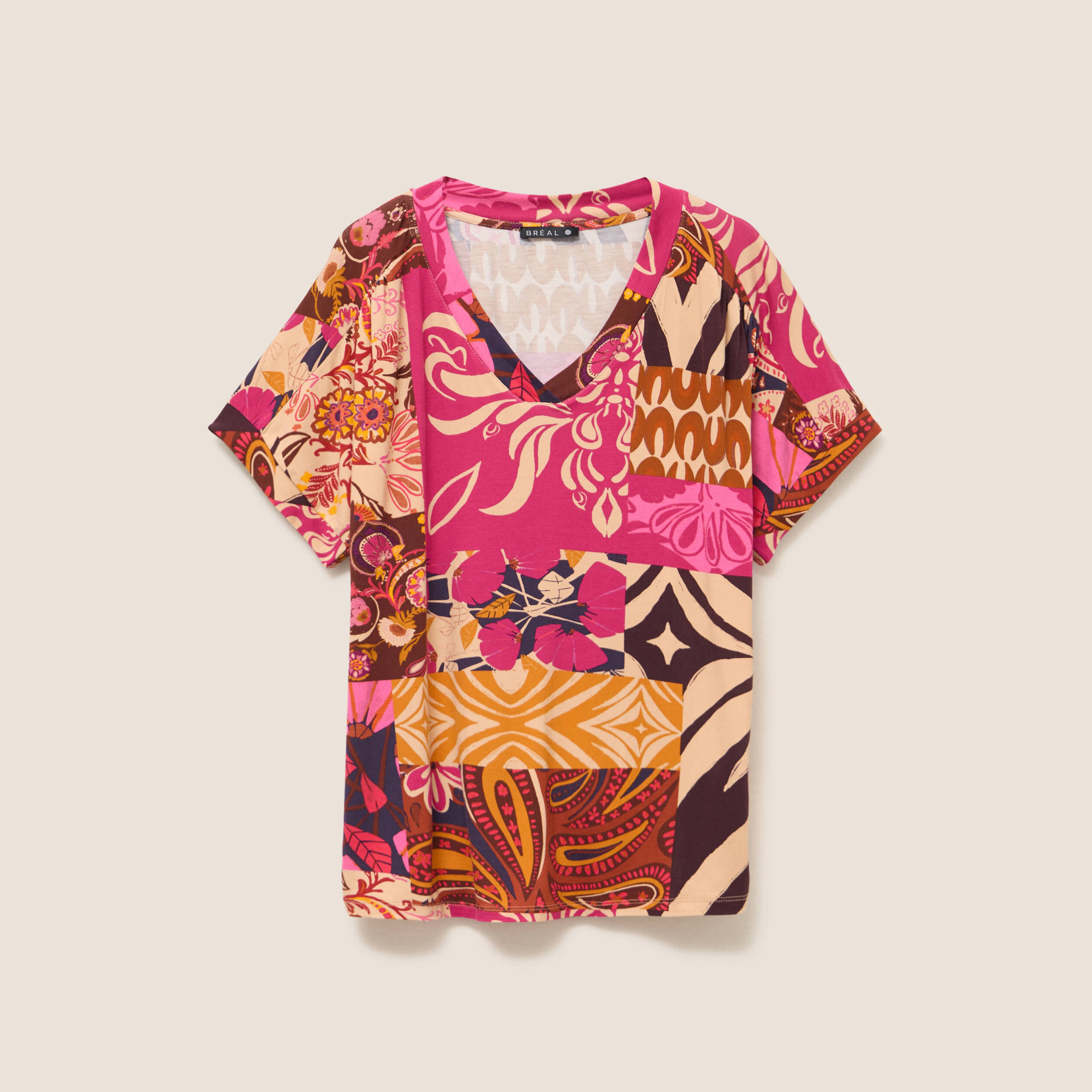 t shirt col v manches courtes rose femme T-shirt col v manches courtes rose femme
