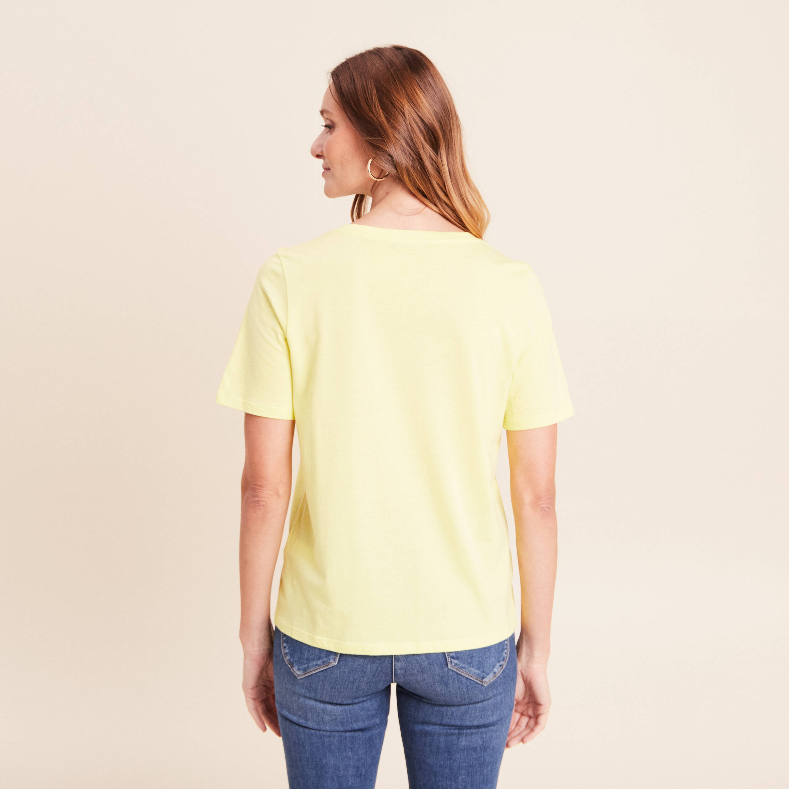 T-shirt col v manches courtes jaune clair femme