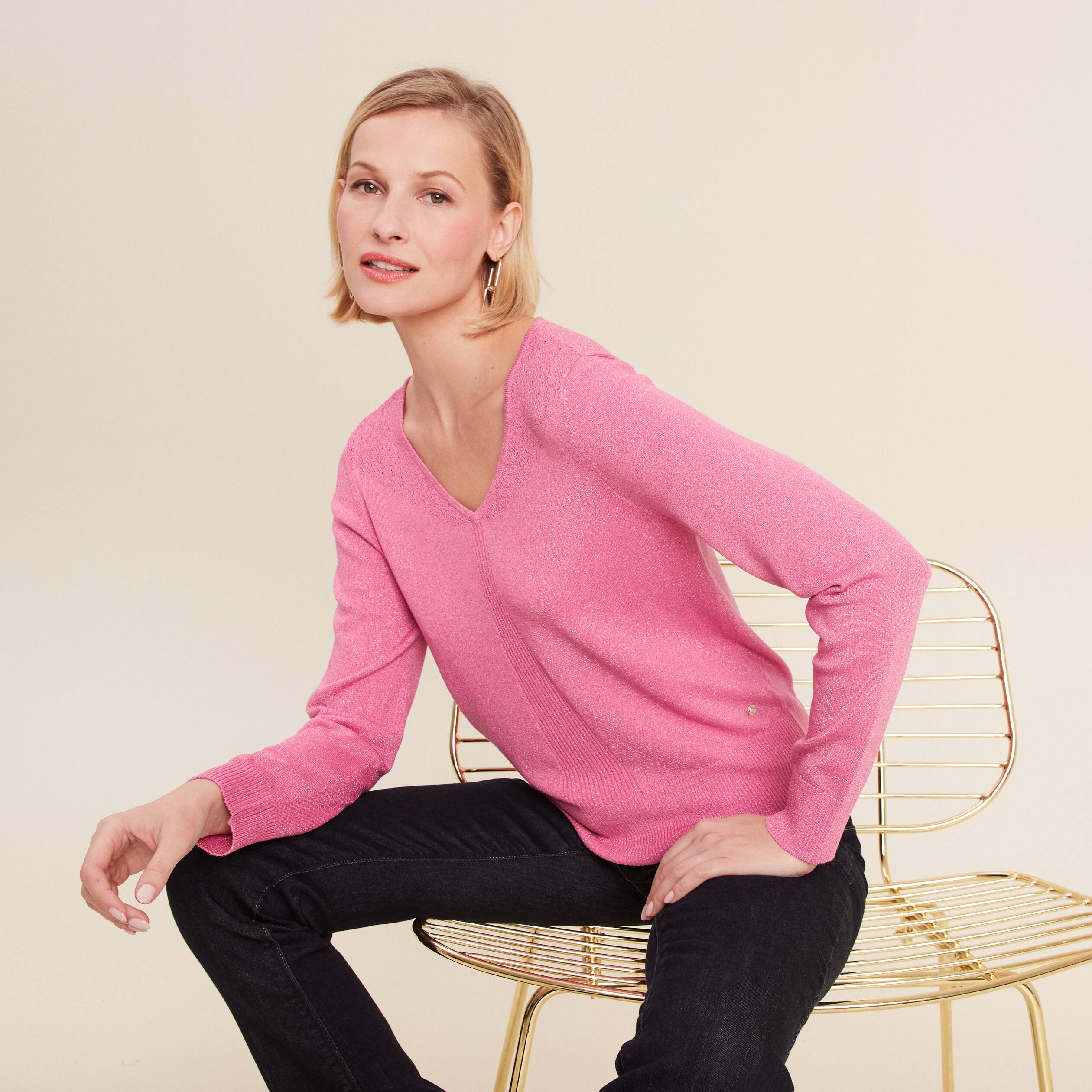 pull manches longues col en v rose femme Pull manches longues col en V rose femme