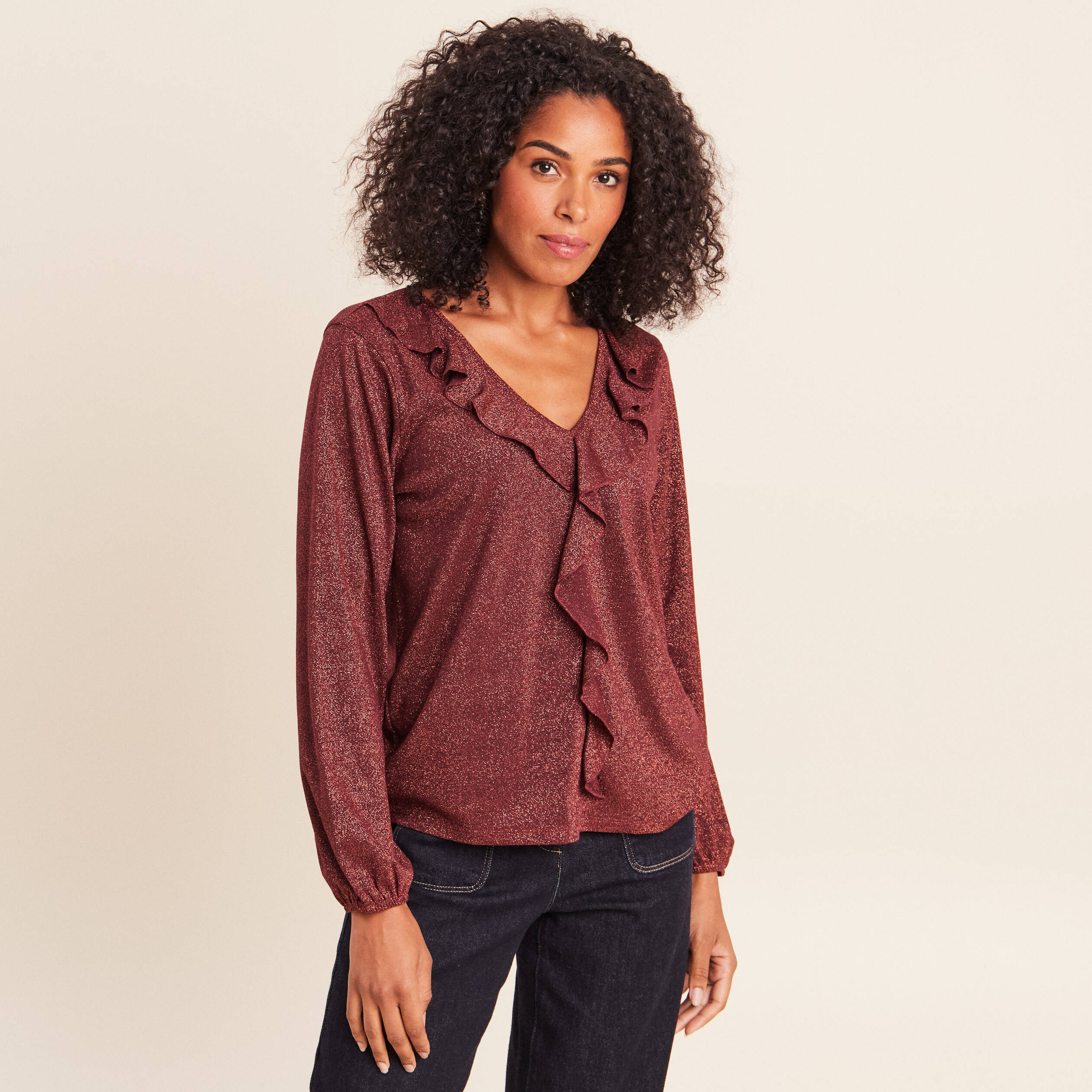 Blouse manches longues orange fonc&eacute; femme