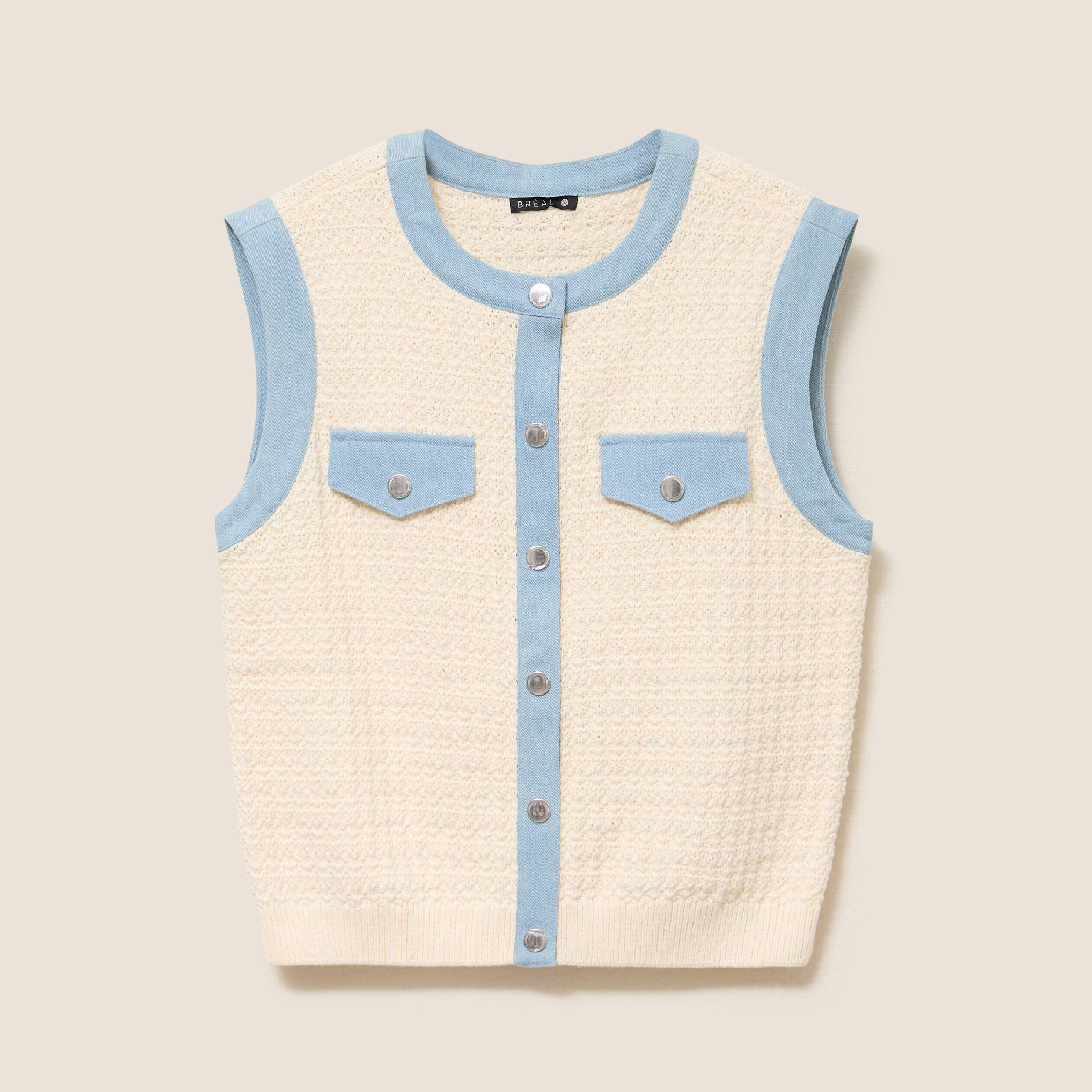 Gilet sans manches col rond ecru femme