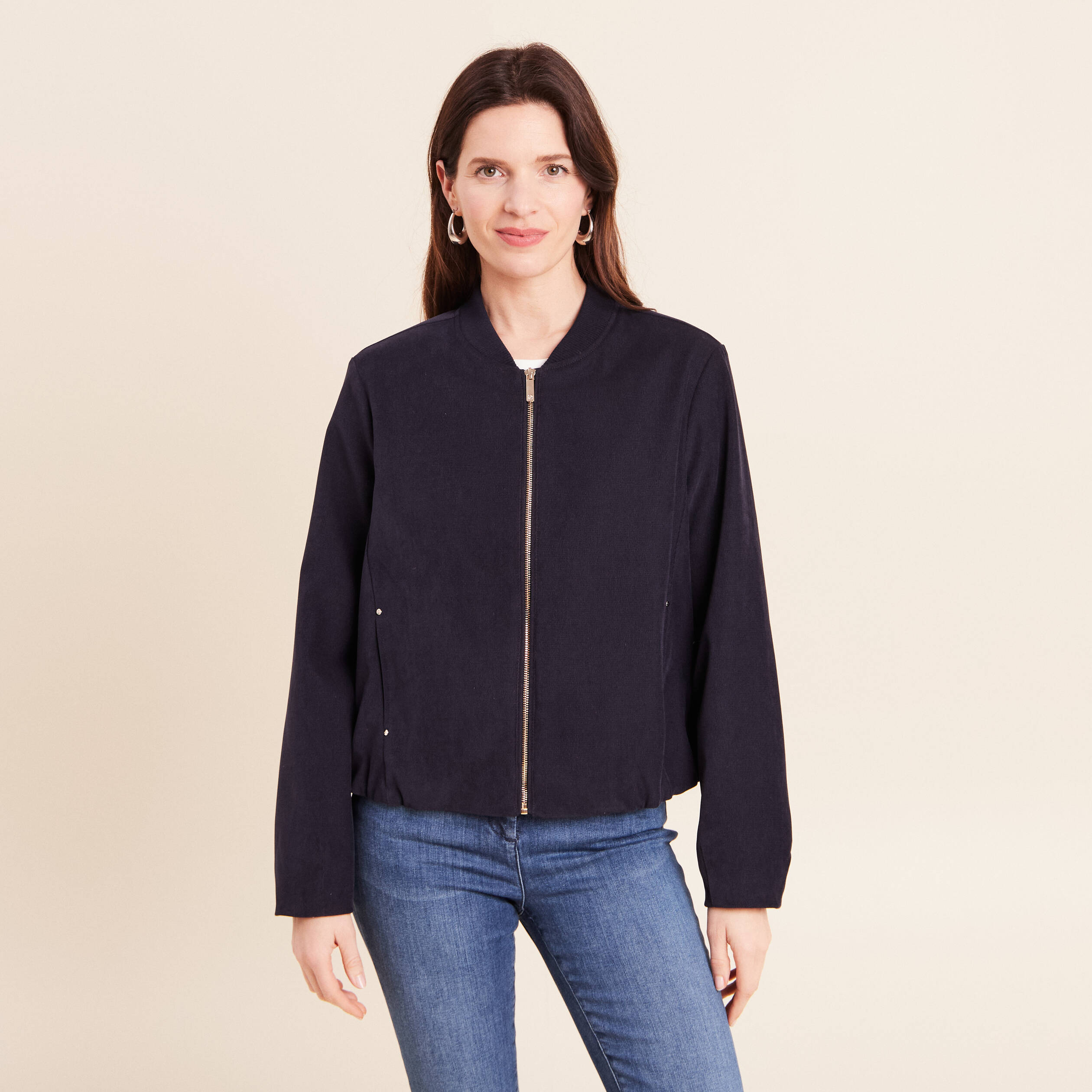 Bomber manches longues en velours doubl&eacute; bleu fonc&eacute; femme