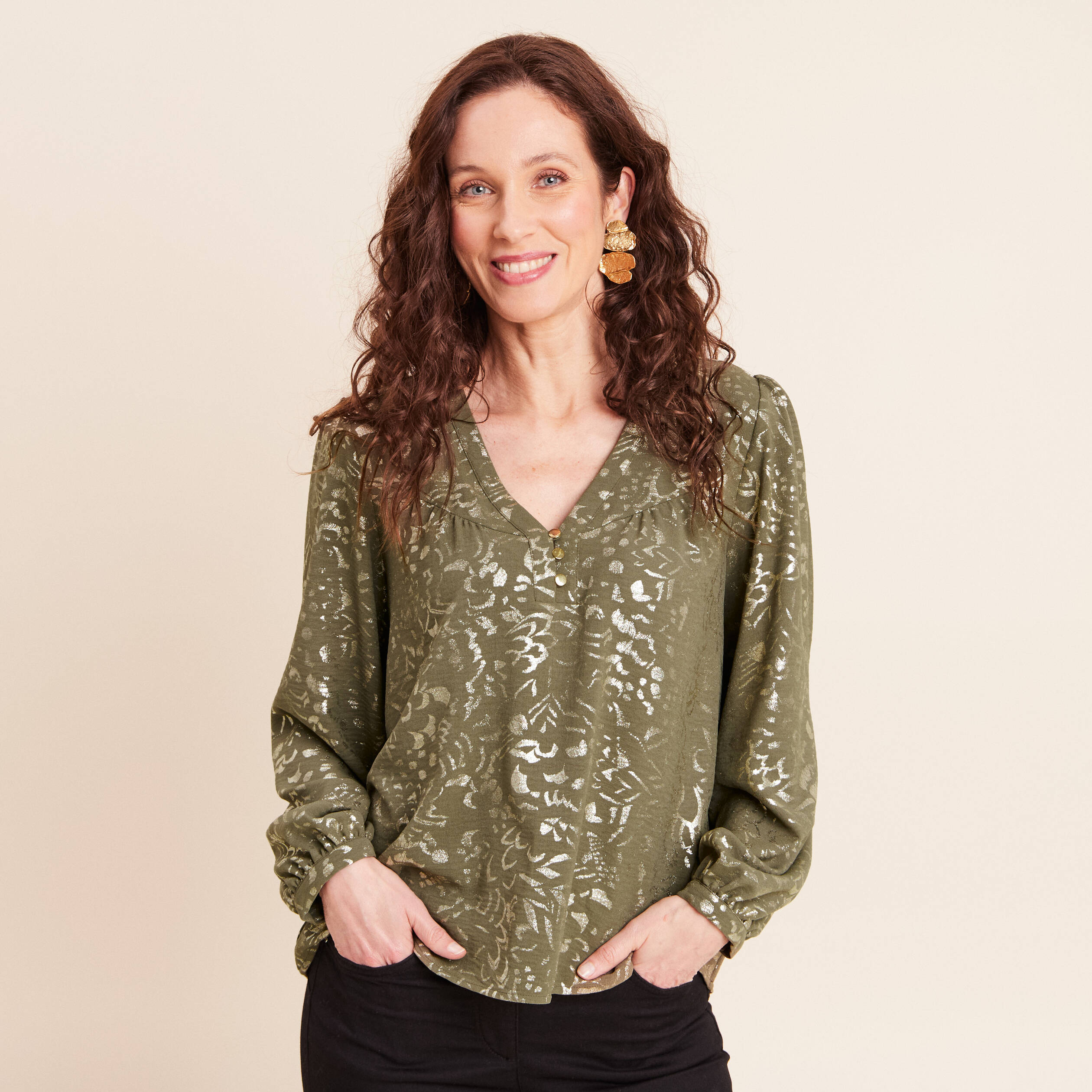 Blouse ample col v manches longues vert kaki femme