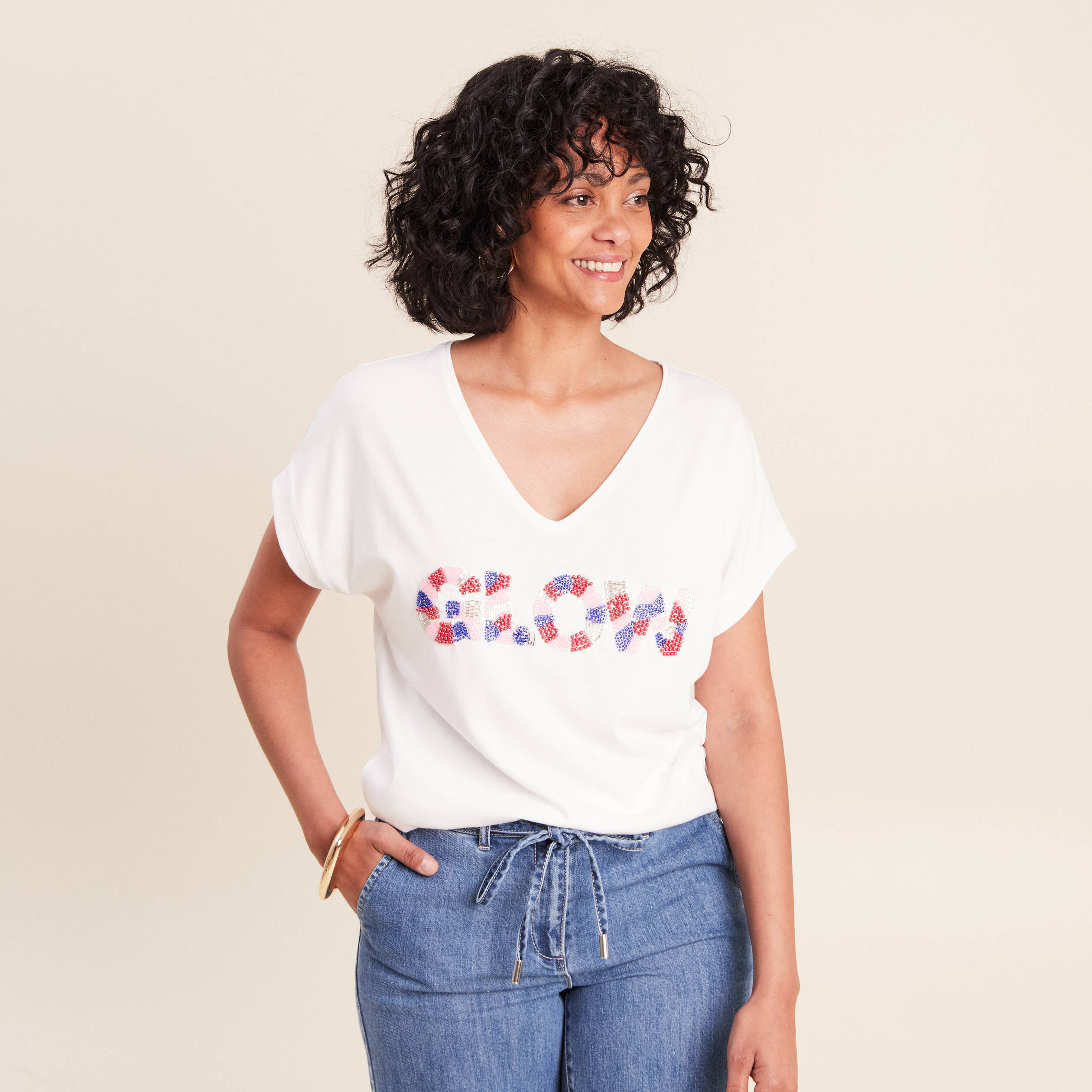 T-shirt col v manches courtes ecru femme