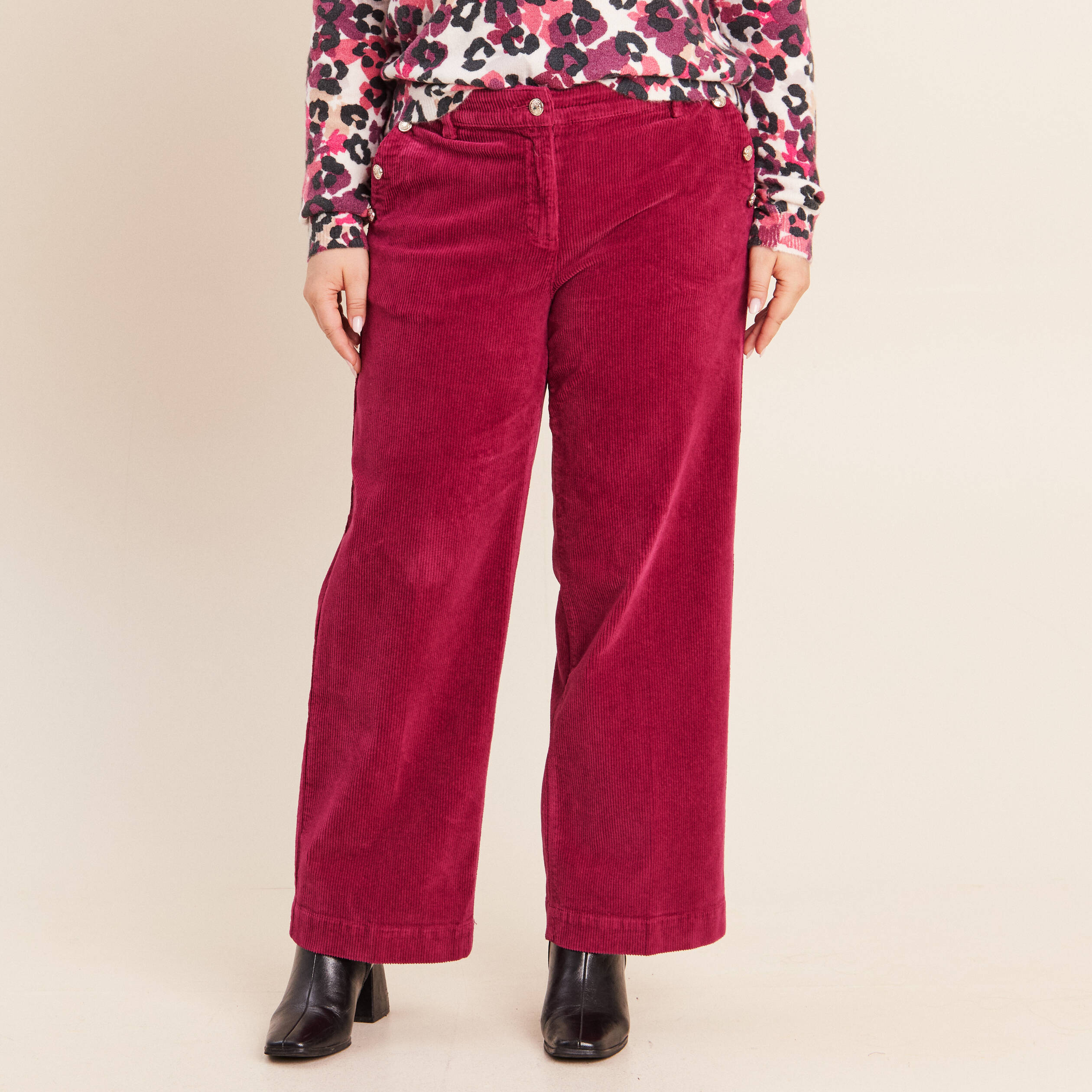 Pantalon large velours c&ocirc;tel&eacute; rouge fonc&eacute; femme