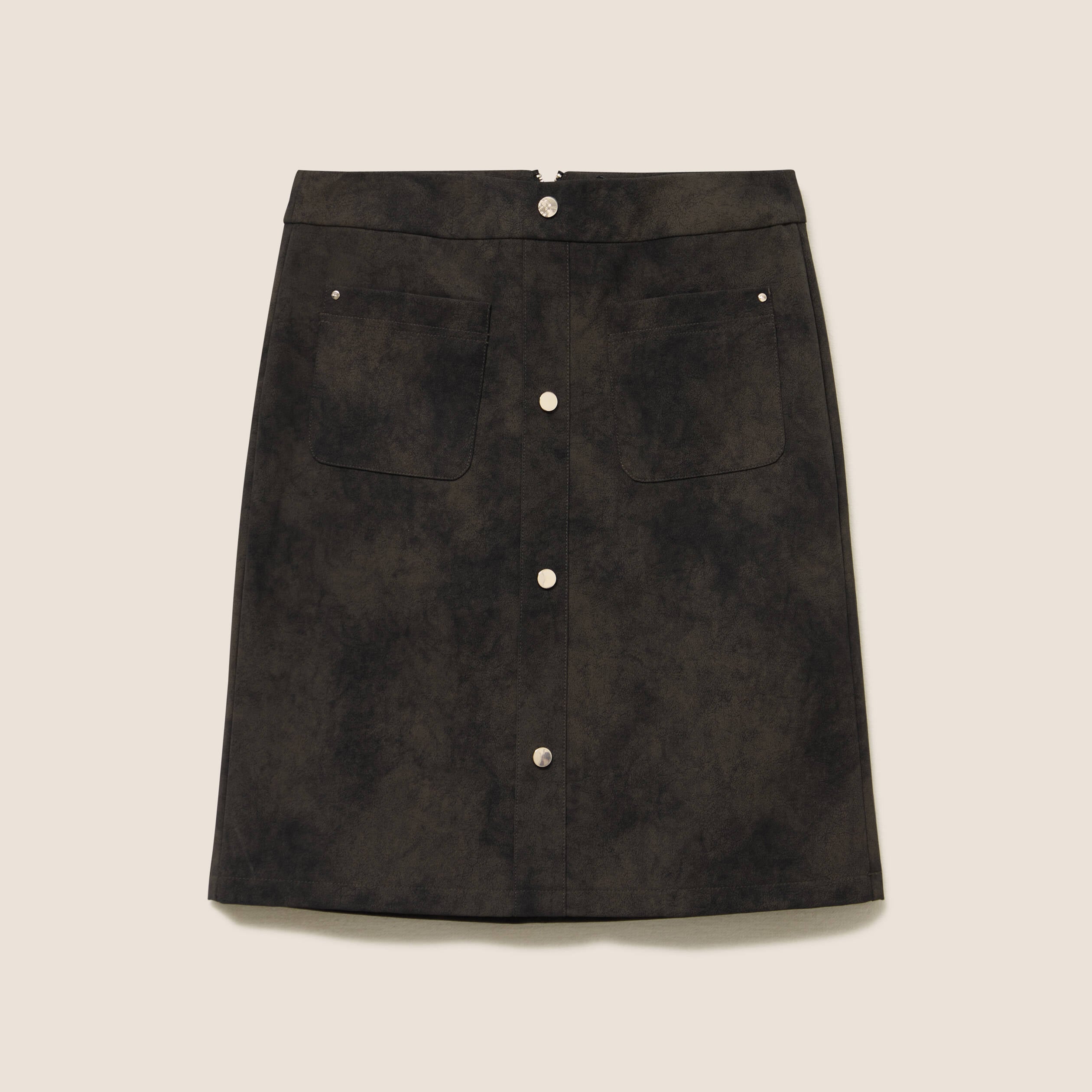 Jupe droite courte en similicuir vert kaki femme