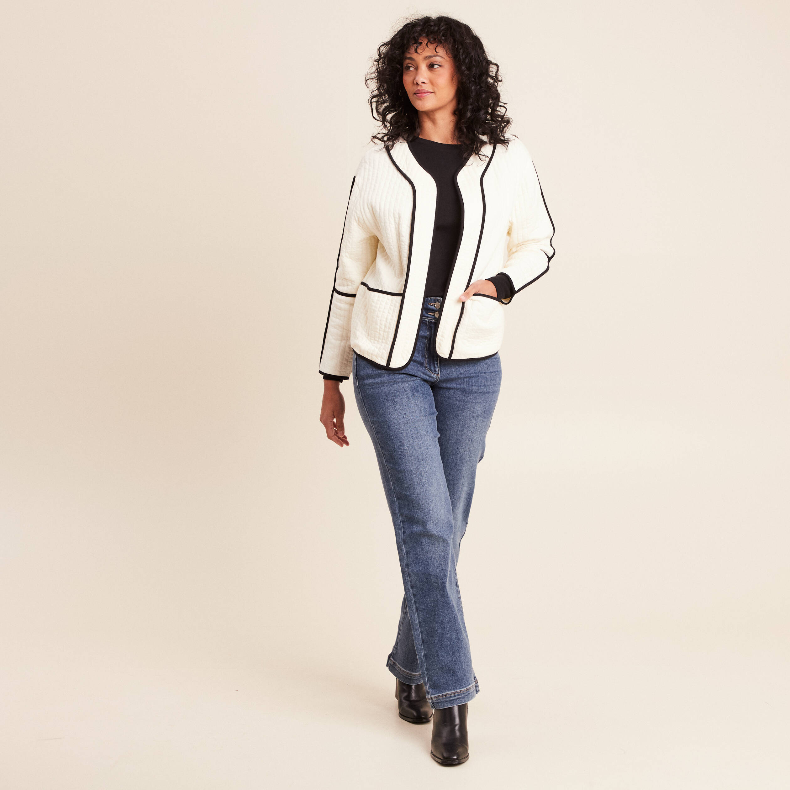 Veste manches longues sans col ecru femme